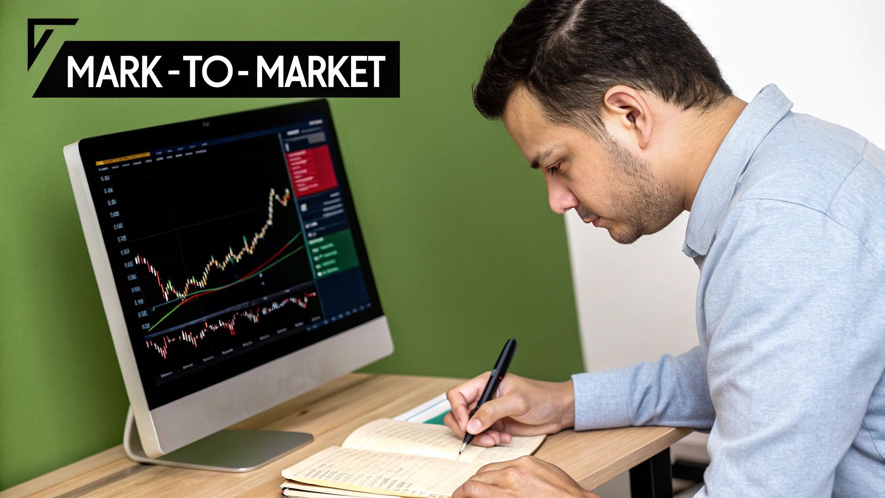 A man analyzing financial data on a computer screen and writing notes, with 'MARK-TO-MARKET' text. A man analyzing financial data on a computer screen and writing notes, with 'MARK-TO-MARKET' text.