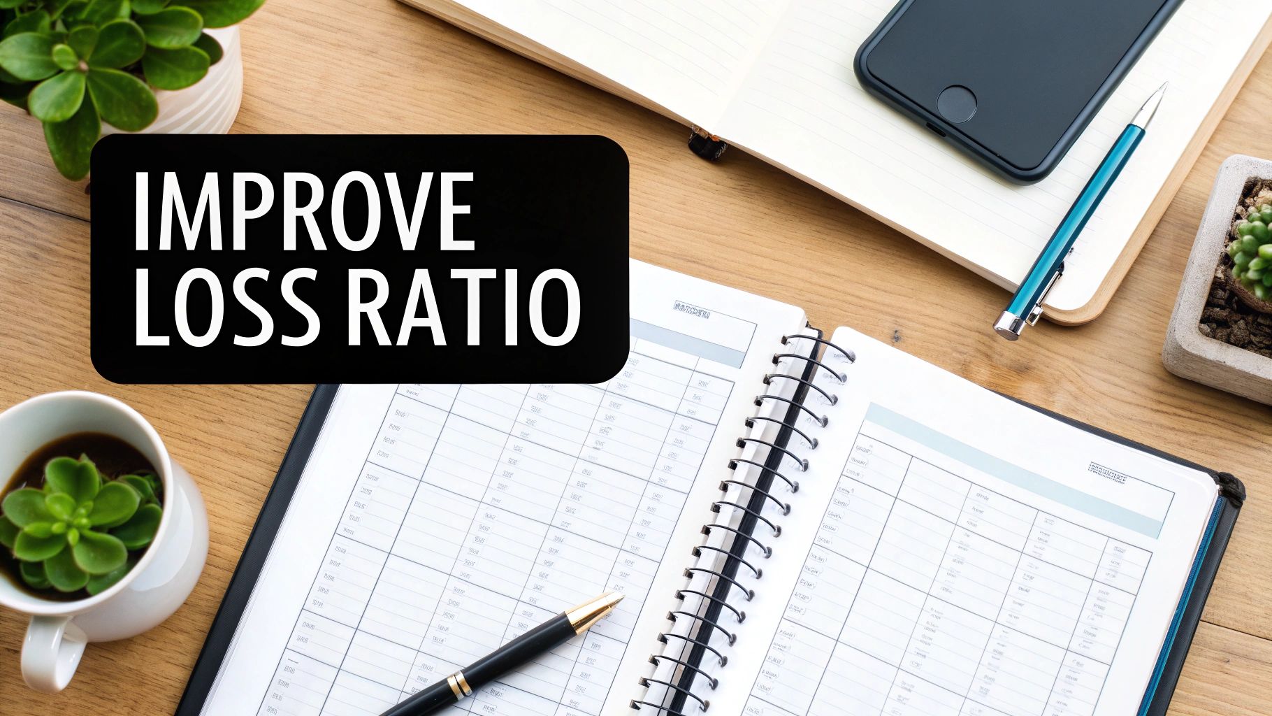 A black sign on a wooden desk reads 'IMPROVE LOSS RATIO' amidst office supplies.