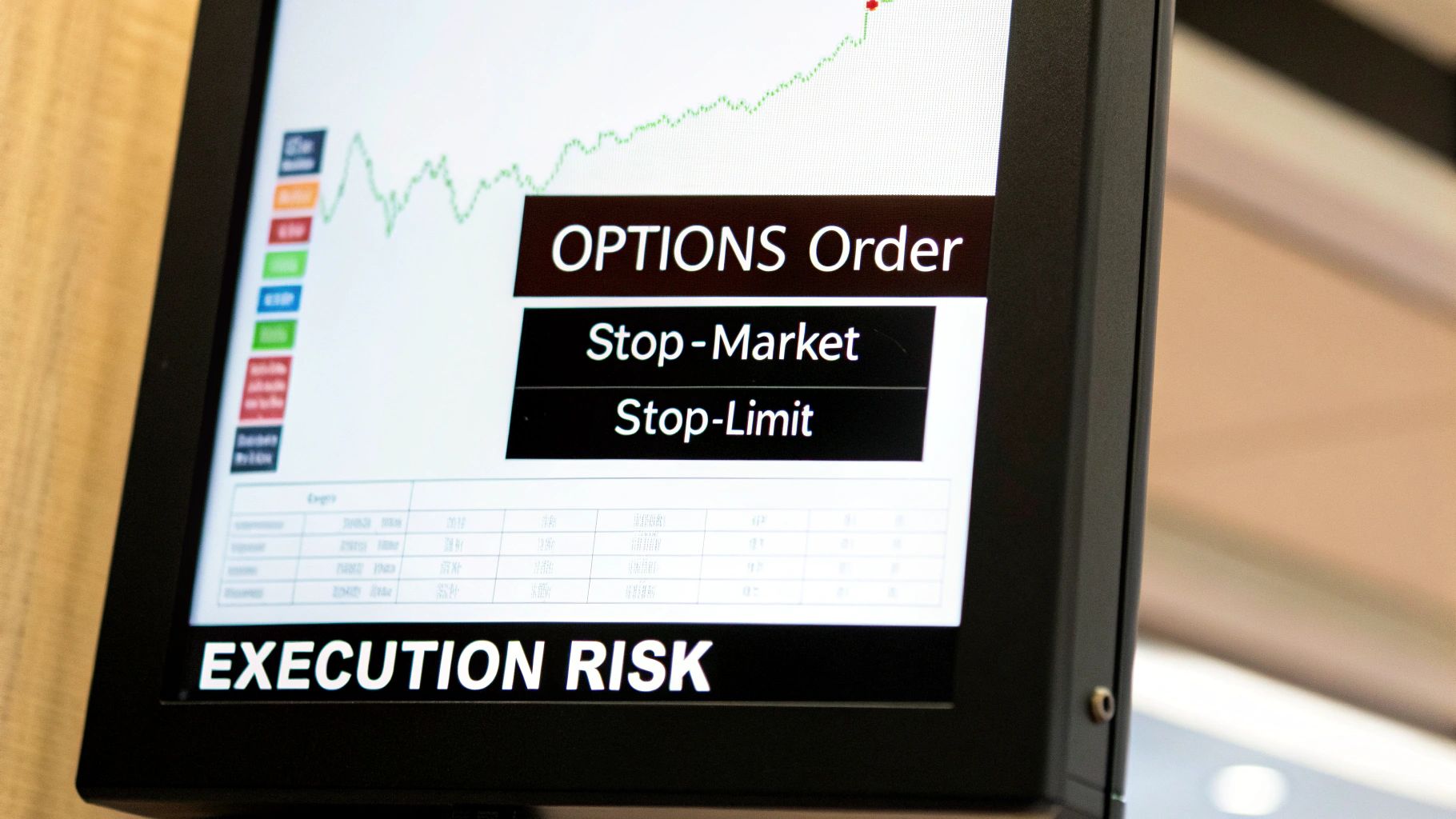 A trading monitor displays an options order screen with stop-market and stop-limit options, alongside a stock chart.