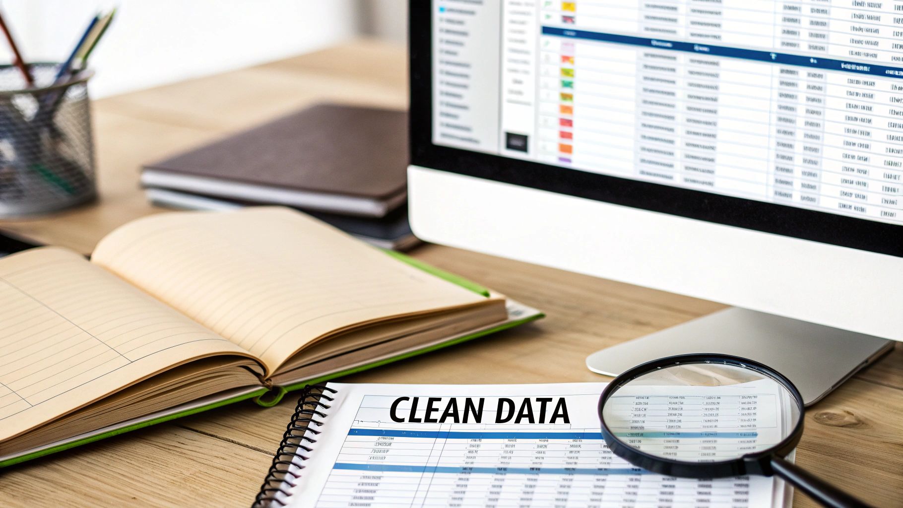 A desk with a computer showing data, an open notebook, and a document with 'CLEAN DATA' text.