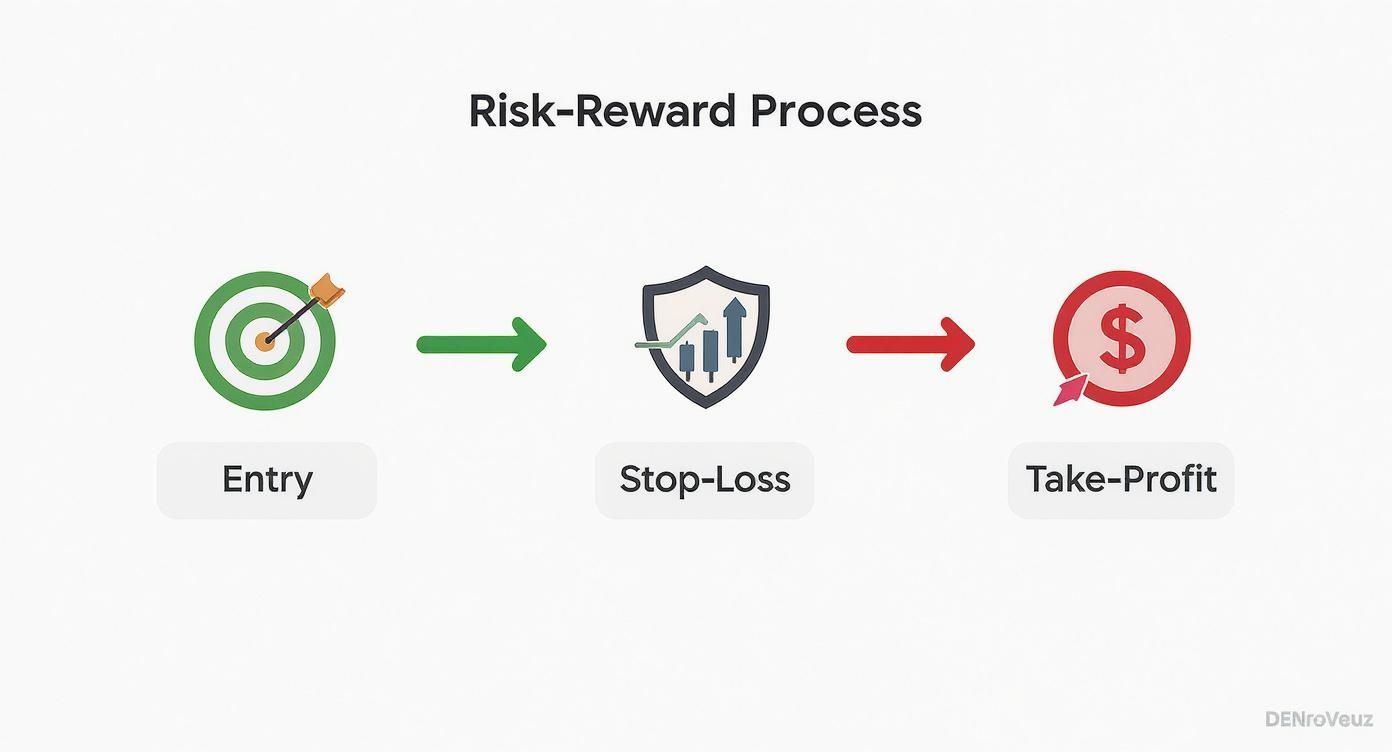 A diagram illustrating the Risk-Reward Process steps: Entry (target), Stop-Loss (shield), and Take-Profit (money icon). A diagram illustrating the Risk-Reward Process steps: Entry (target), Stop-Loss (shield), and Take-Profit (money icon).
