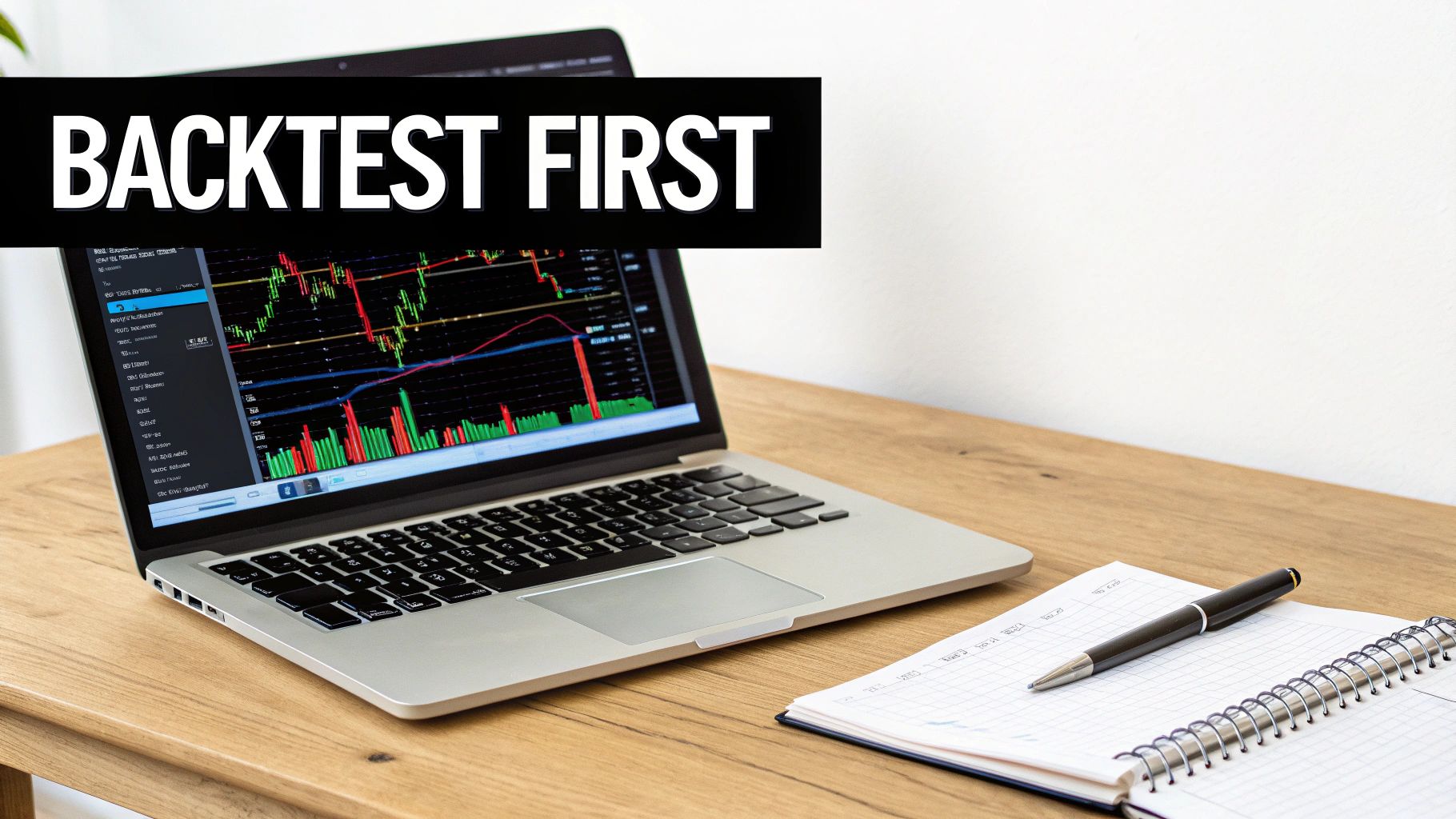 A laptop displays financial trading charts with a notebook and pen on a wooden desk. Text: BACKTEST FIRST.