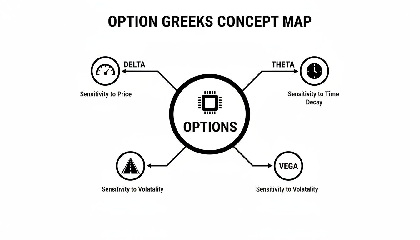 A concept map shows Option Greeks: Delta, Theta, and Vega, linked to price, time decay, and volatility.