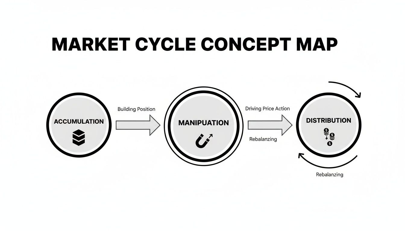 An illustrative market cycle concept map showing accumulation, manipulation, and distribution processes.