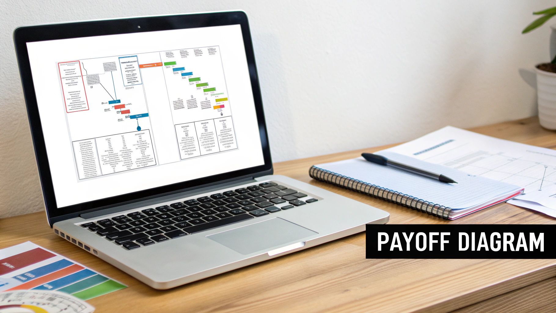 A laptop displays a complex payoff diagram, along with a notebook and pen on a wooden desk.