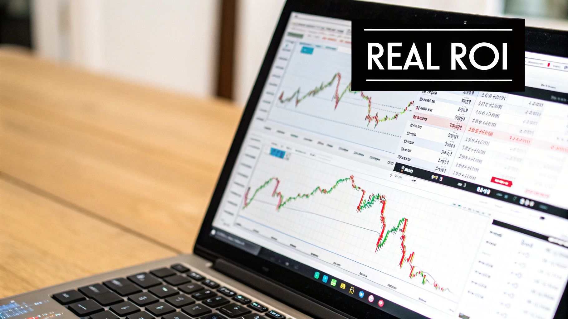 A calculator and charts on a desk, representing ROI calculation A calculator and charts on a desk, representing ROI calculation