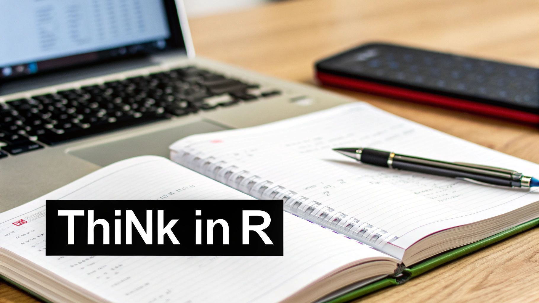 A laptop, open notebook with a pen, and a smartphone on a wooden desk. Text overlay reads 'ThiNk in R'. A laptop, open notebook with a pen, and a smartphone on a wooden desk. Text overlay reads 'ThiNk in R'.