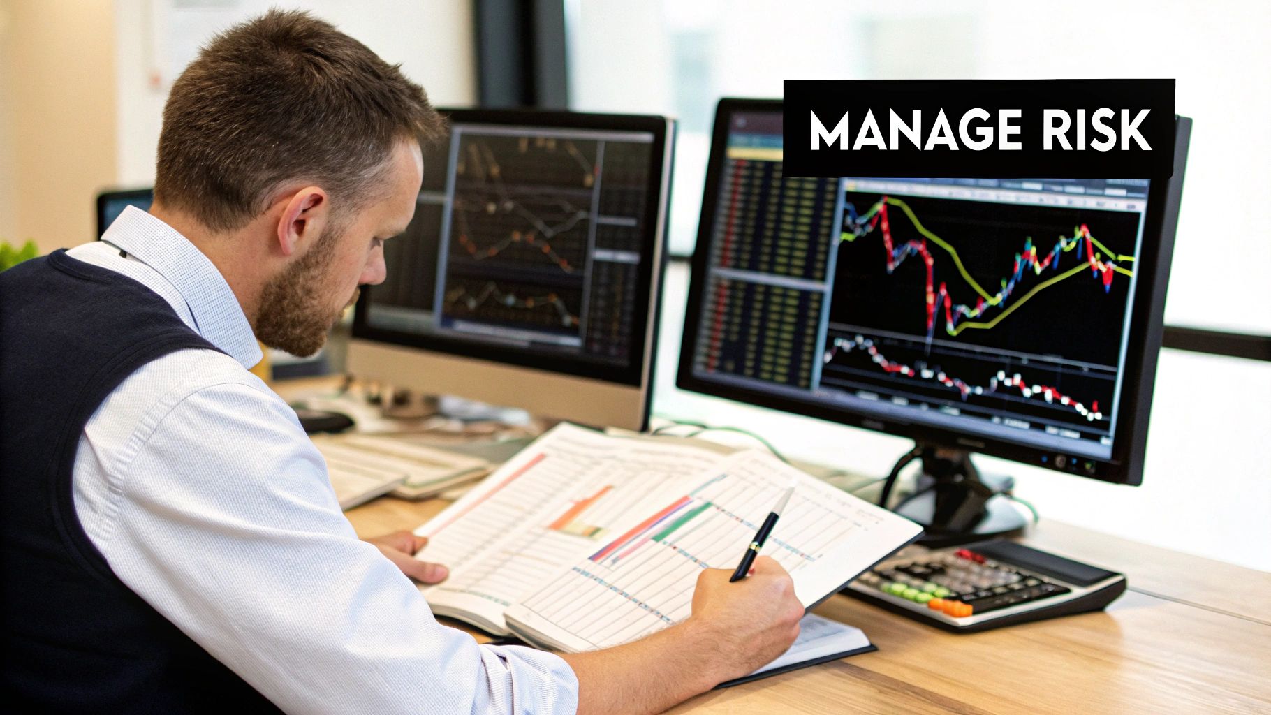 A trader analyzing charts on a computer screen, with a focus on risk management indicators.
