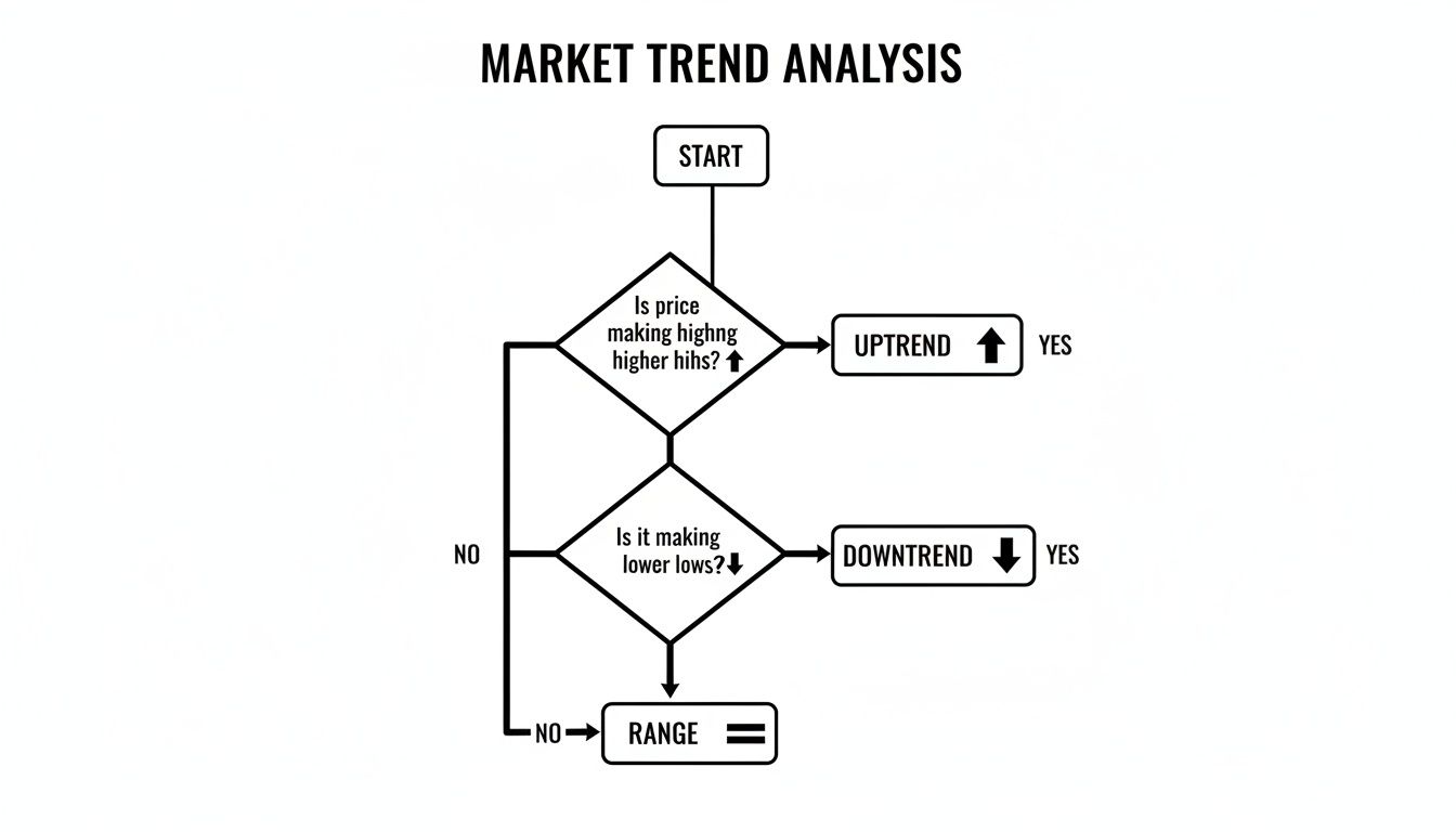 A flowchart for market trend analysis, showing how to identify uptrends, downtrends, and ranges.
