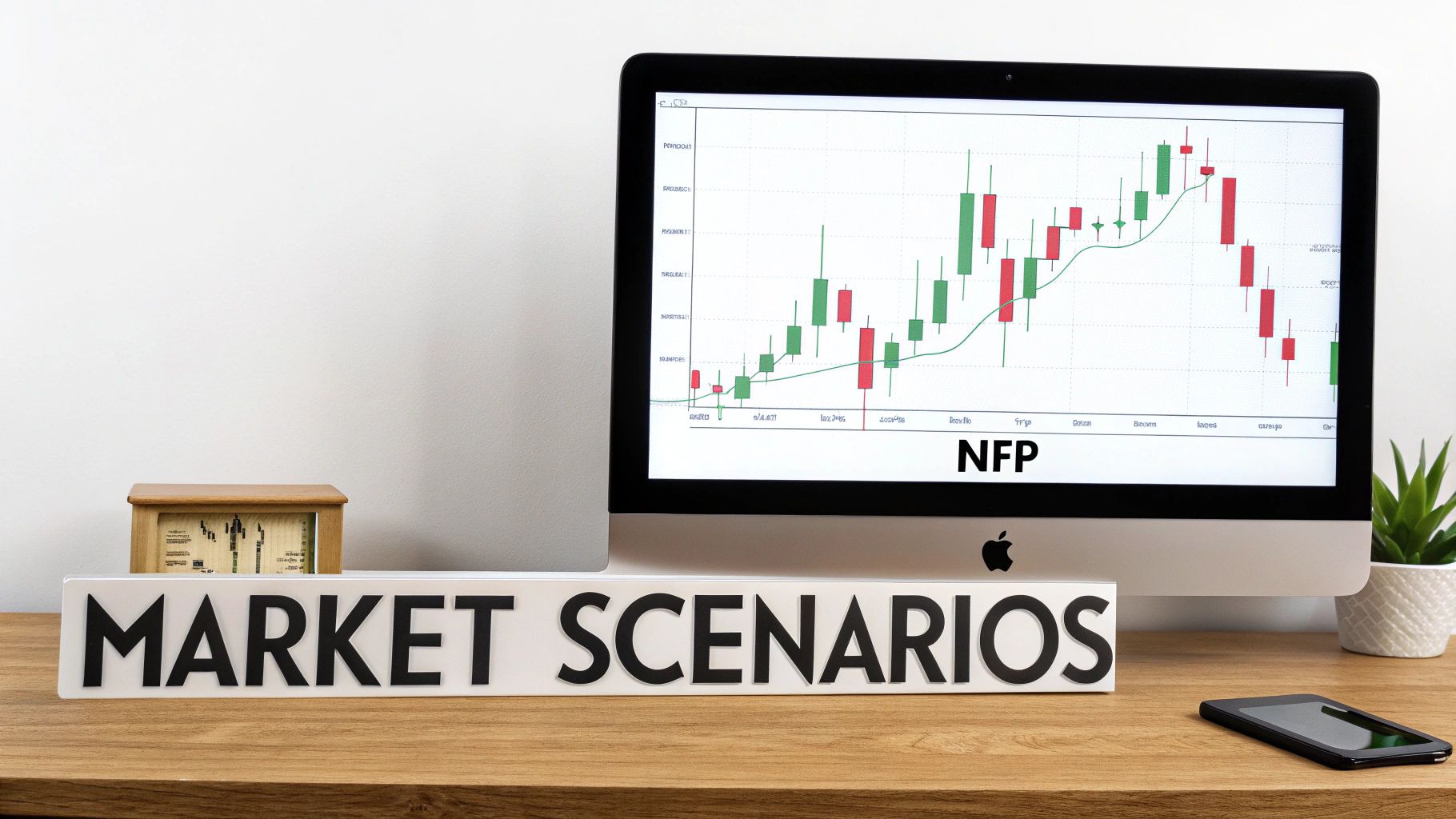 A computer displays a forex candlestick chart for NFP, next to a 'MARKET SCENARIOS' sign on a desk. A computer displays a forex candlestick chart for NFP, next to a 'MARKET SCENARIOS' sign on a desk.