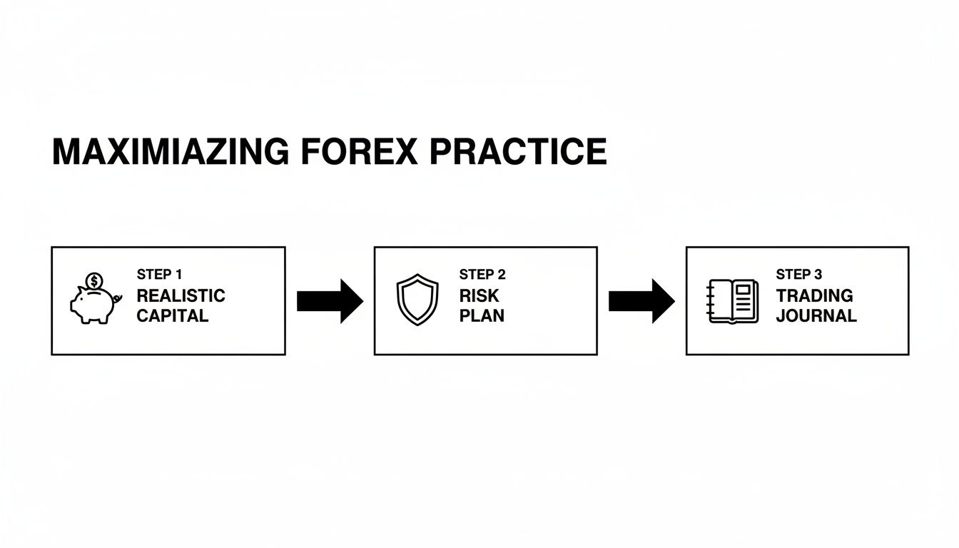 Diagram illustrating three steps for maximizing Forex practice: realistic capital, risk plan, and trading journal.