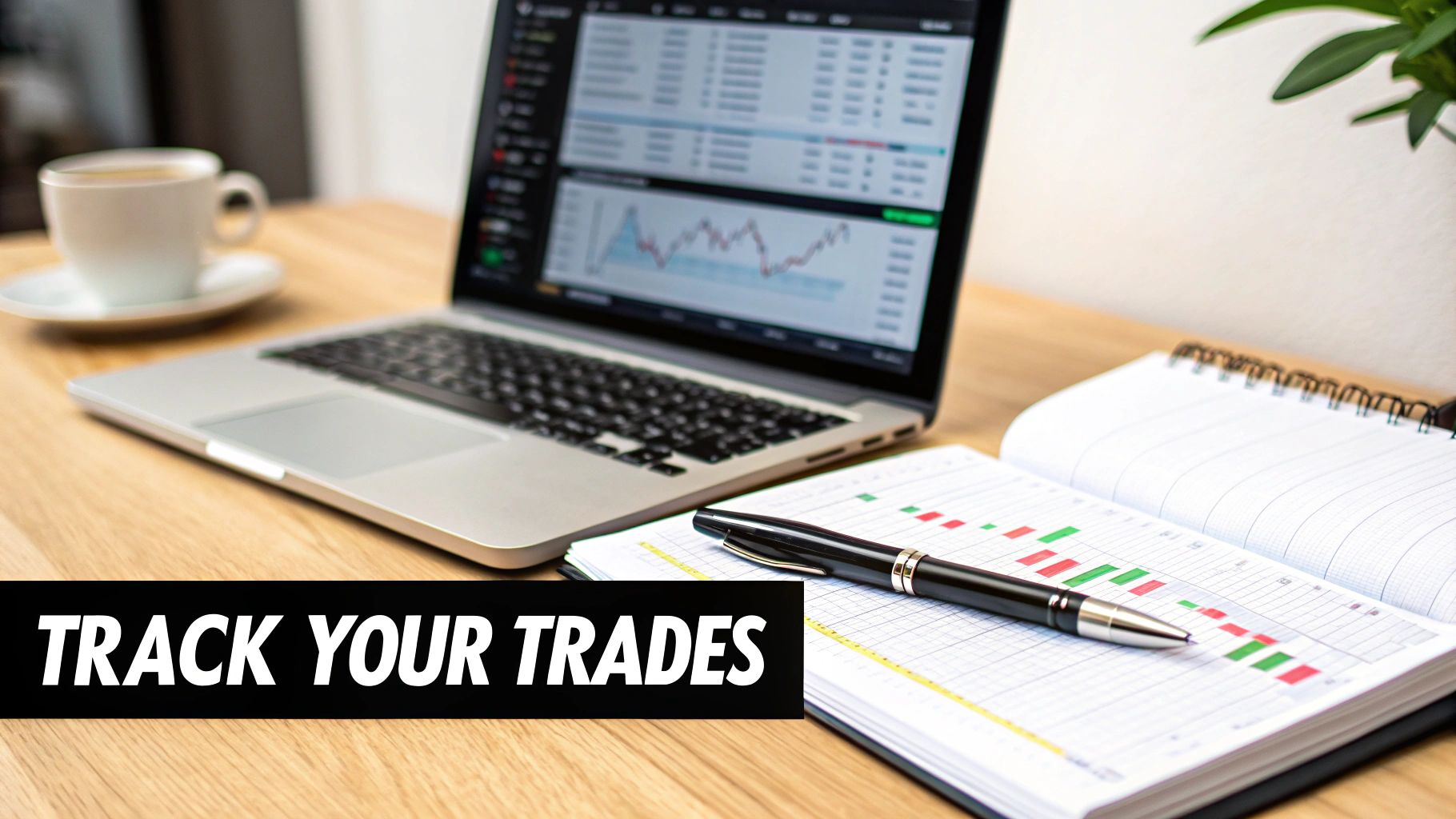 A laptop displaying financial charts and data on a wooden desk with a notebook, pen, and coffee cup.