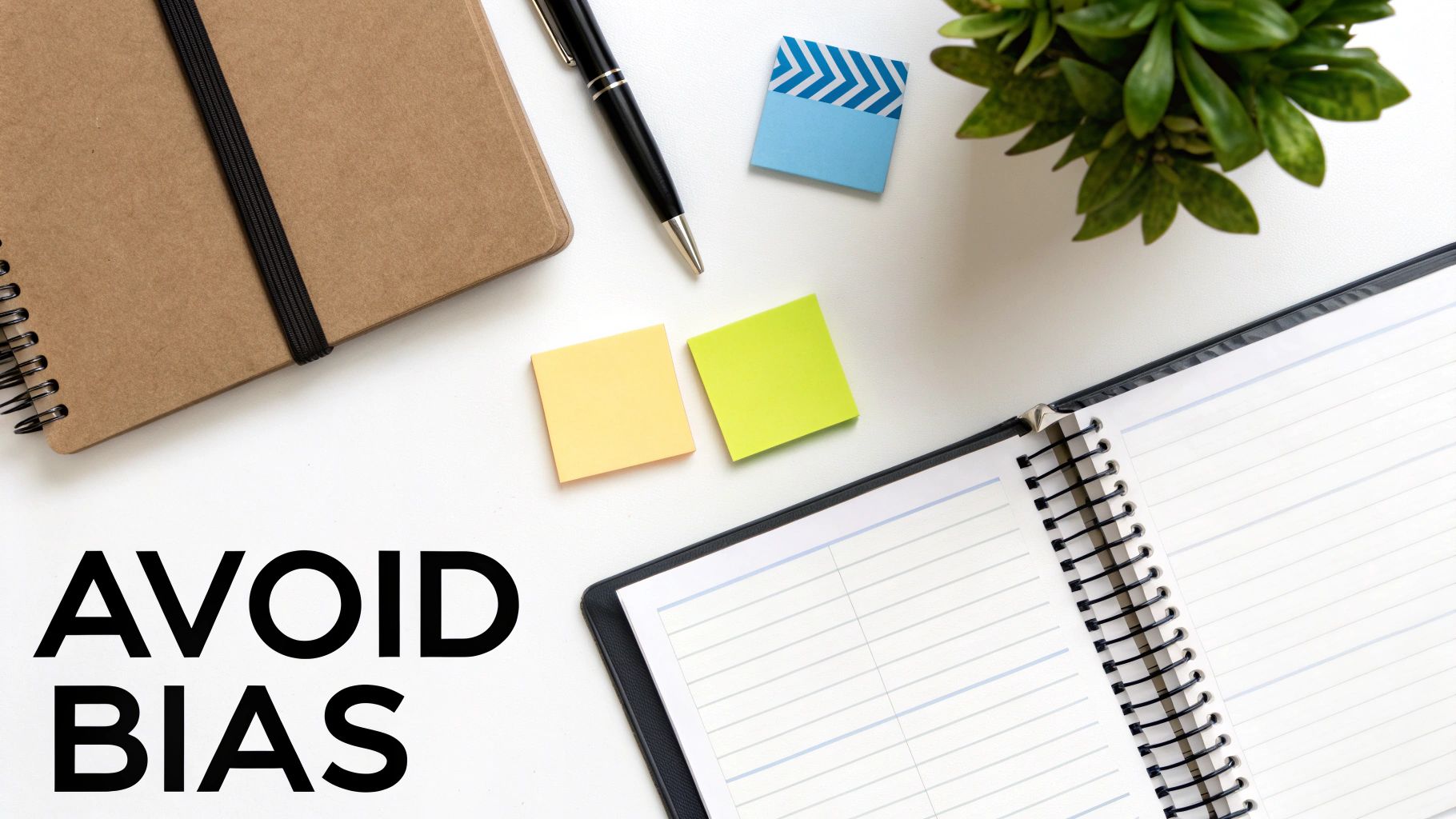 Overhead of office supplies, including notebooks and sticky notes, with the text 'AVOID BIAS'.