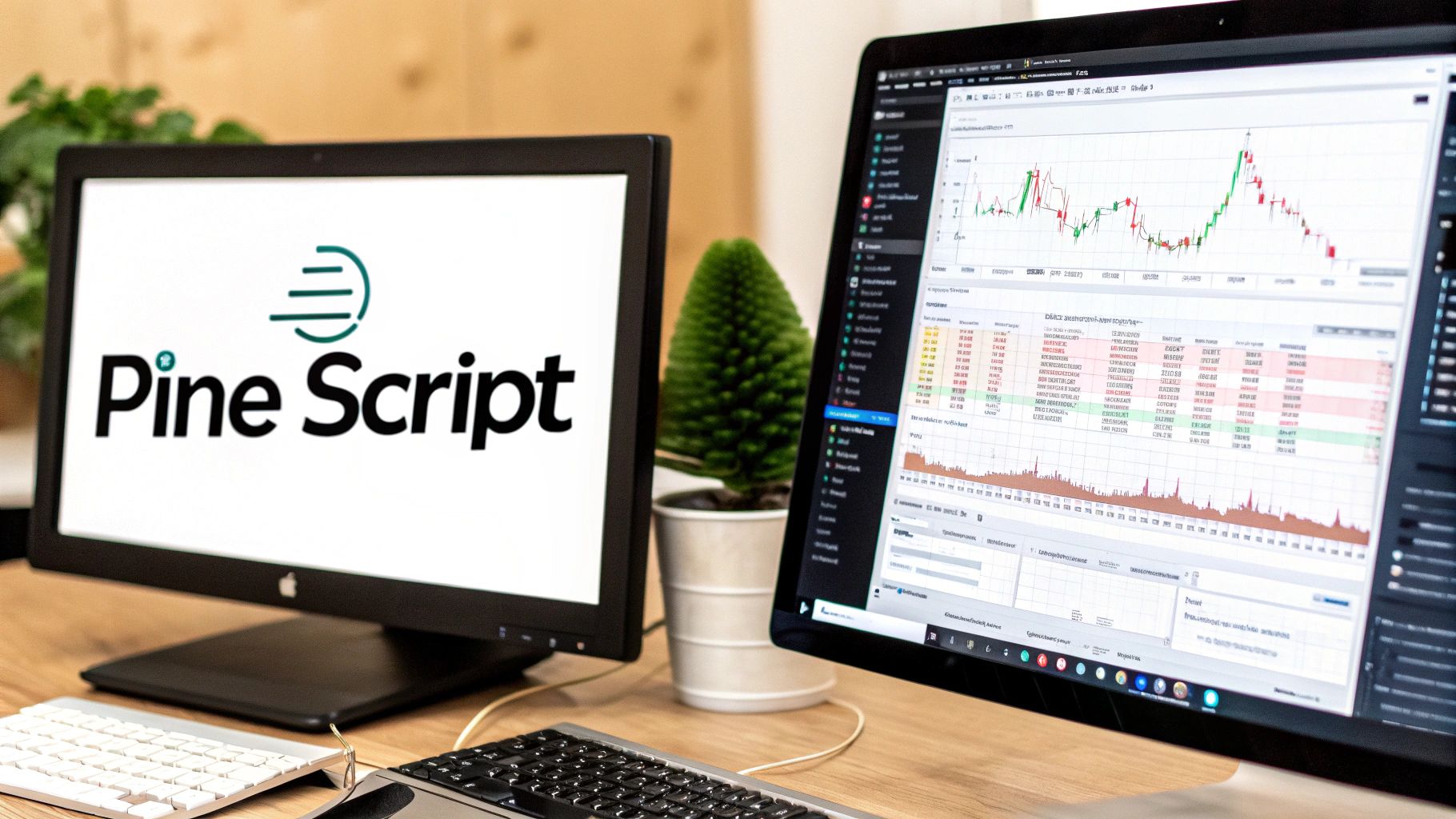 Two computer monitors on a wooden desk, one showing 'Pine Script' and the other financial charts. Two computer monitors on a wooden desk, one showing 'Pine Script' and the other financial charts.