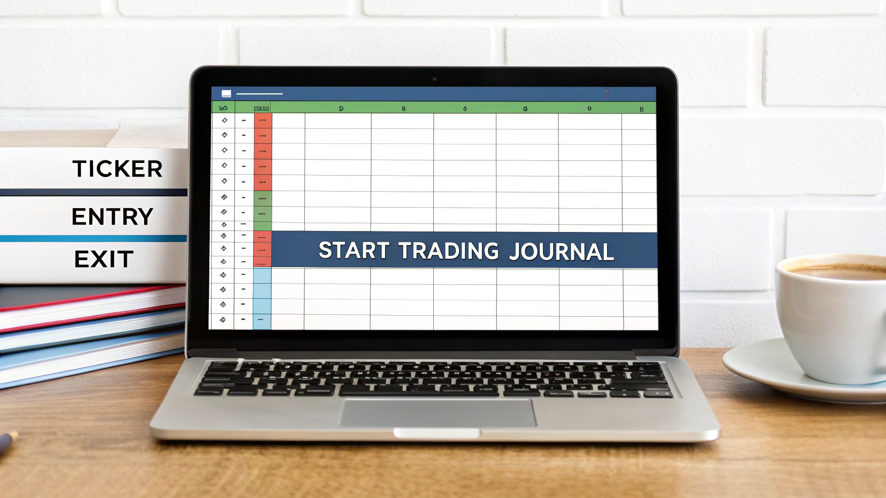 A laptop displays a 'Start Trading Journal' spreadsheet, next to books on ticker, entry, and exit, and a coffee cup. A laptop displays a 'Start Trading Journal' spreadsheet, next to books on ticker, entry, and exit, and a coffee cup.
