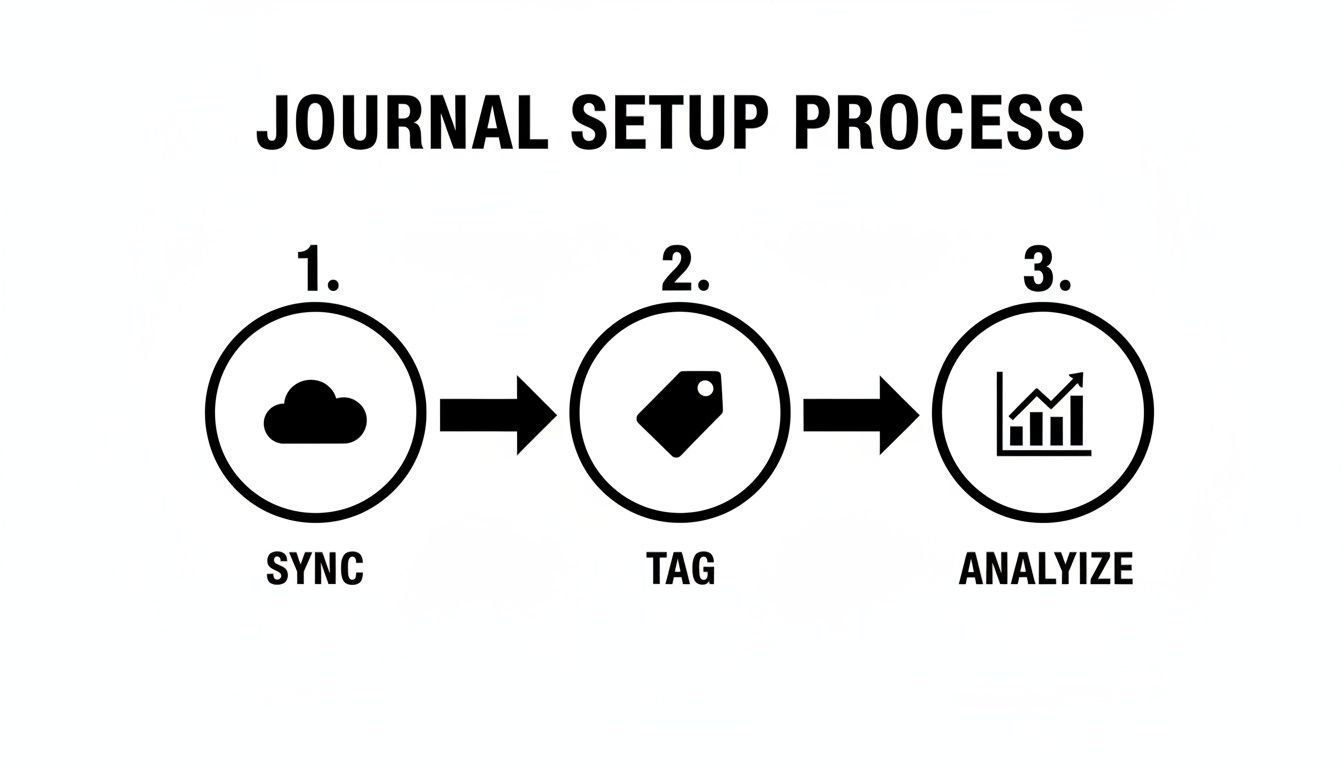 Journal setup process workflow: Sync, Tag, and Analyze steps with cloud, tag, and chart icons.