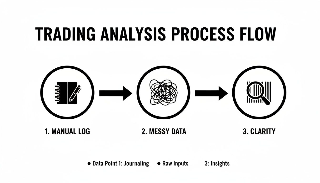 Flowchart showing trading analysis process: manual log, messy data, leading to clarity and insights.
