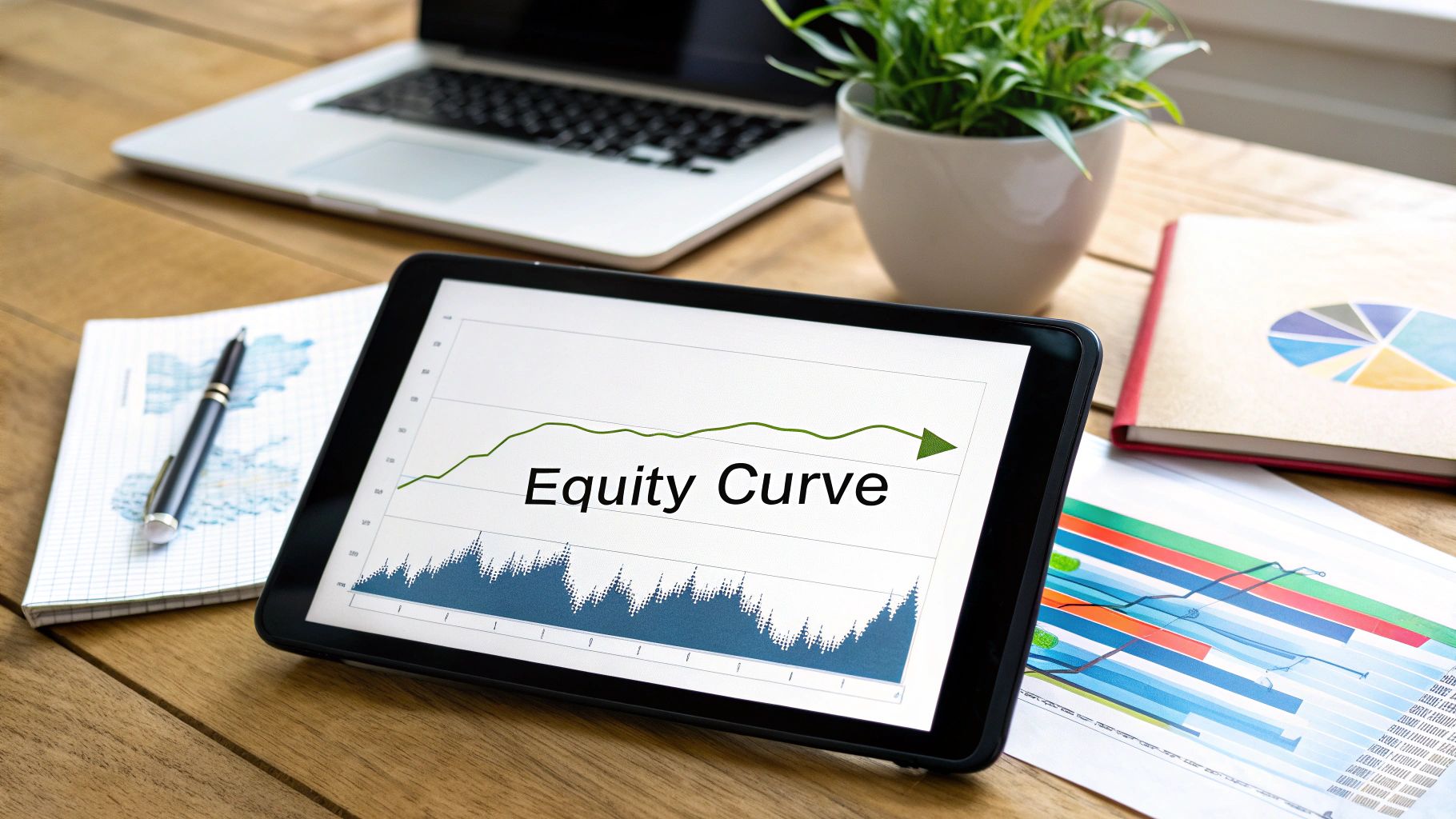A tablet displays an 'Equity Curve' graph with an upward trend, surrounded by financial documents on a desk.