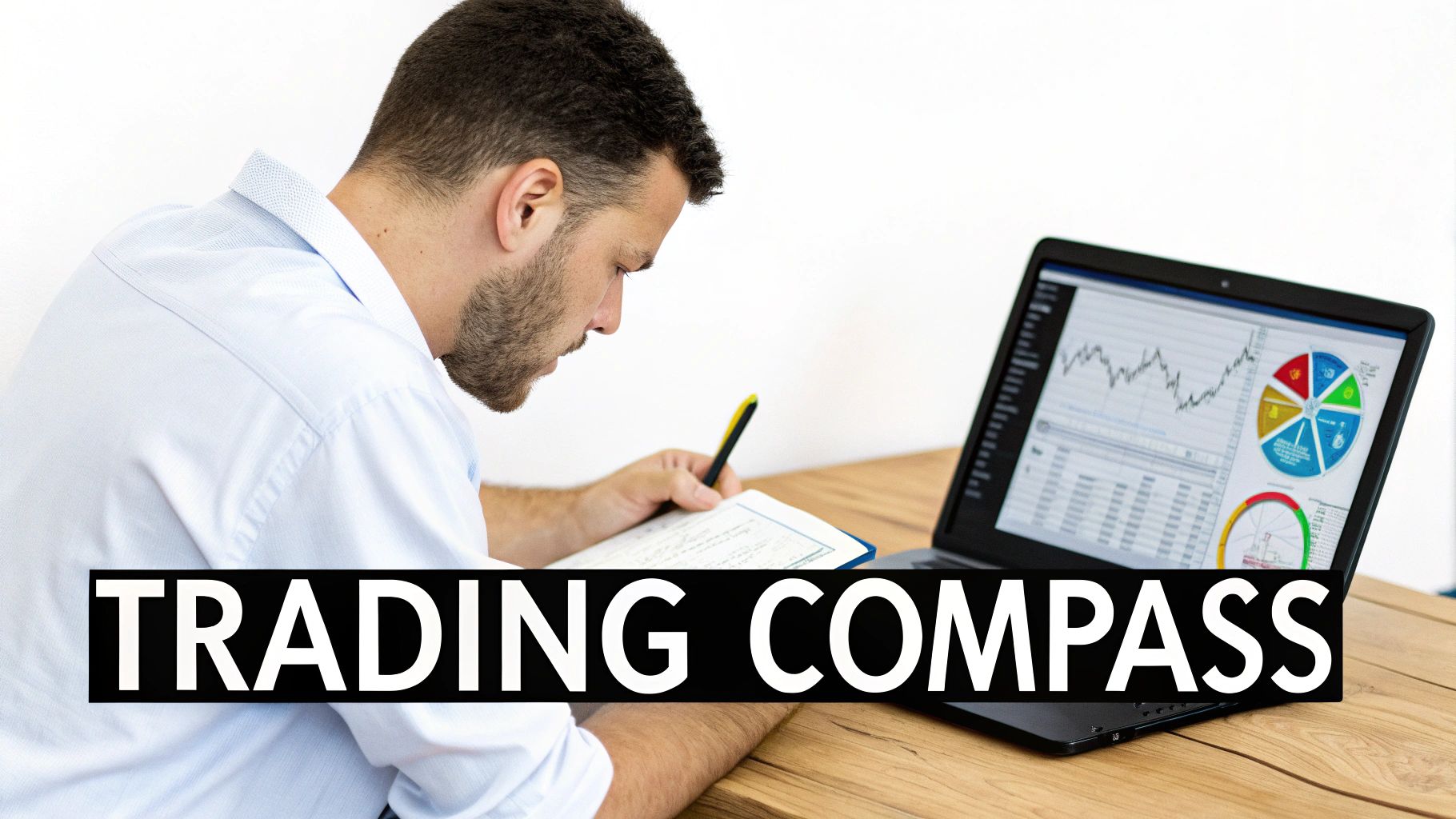 A man writes notes, looking at a laptop displaying financial charts and graphs, with "TRADING COMPASS" text.