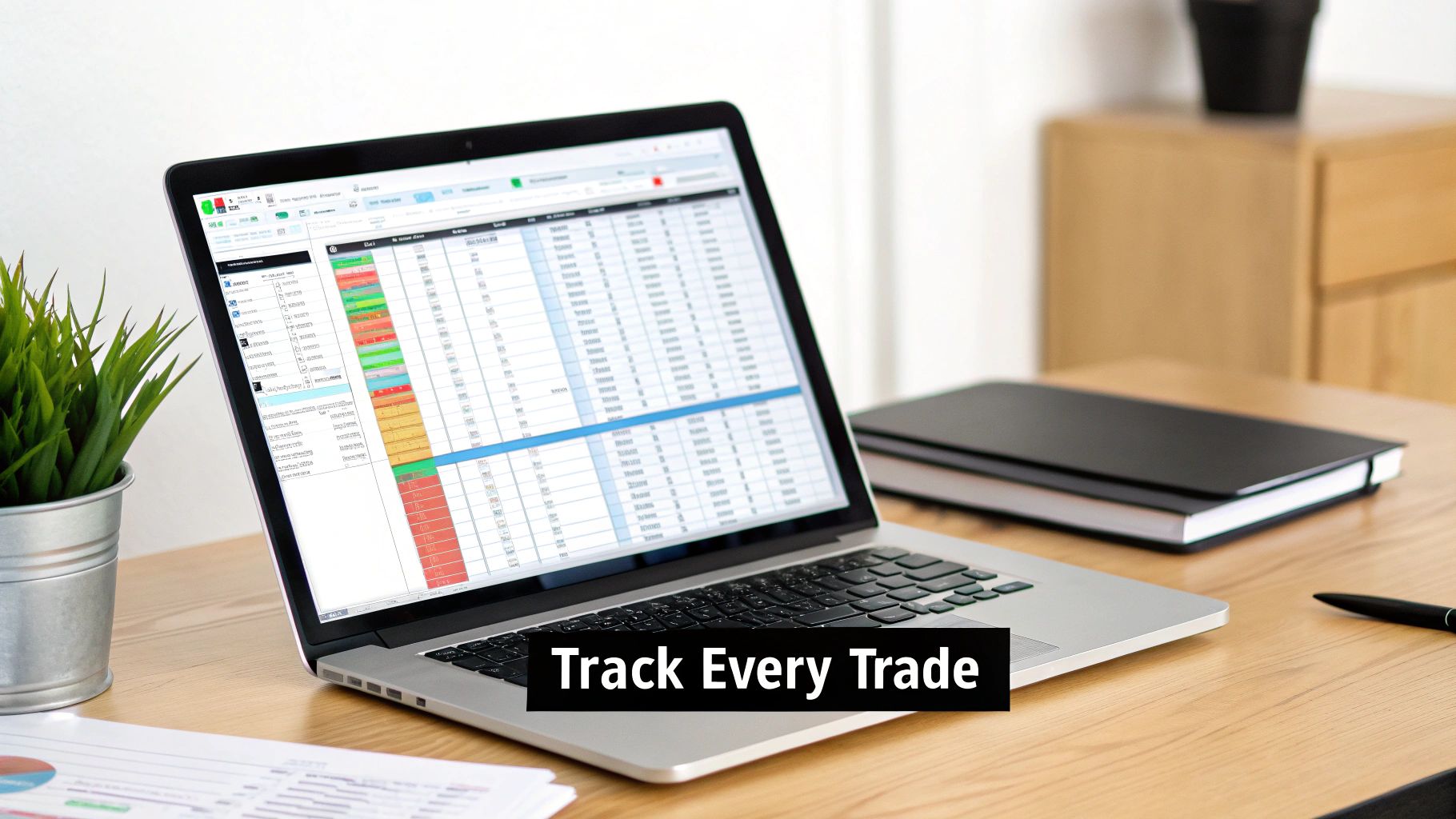 A spreadsheet on a laptop screen showing a trading journal with various columns and data entries. A spreadsheet on a laptop screen showing a trading journal with various columns and data entries.