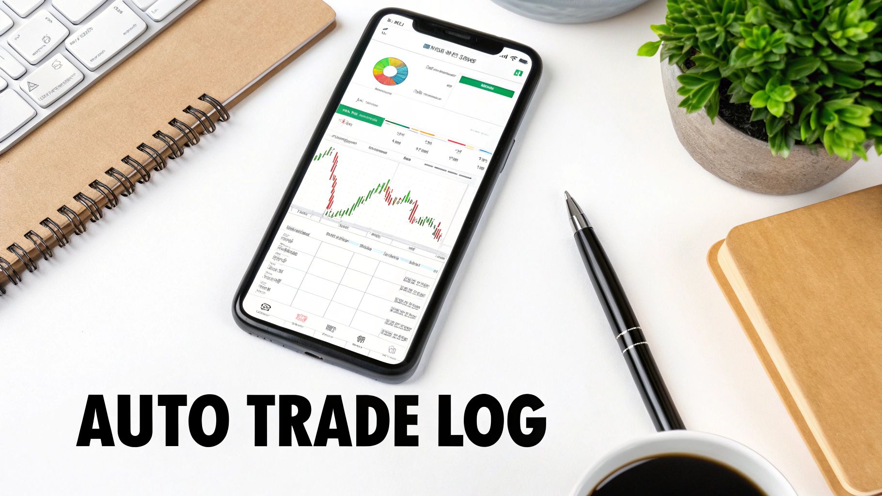 A modern desk setup featuring a smartphone running a trading app, a notebook, keyboard, pen, and coffee.