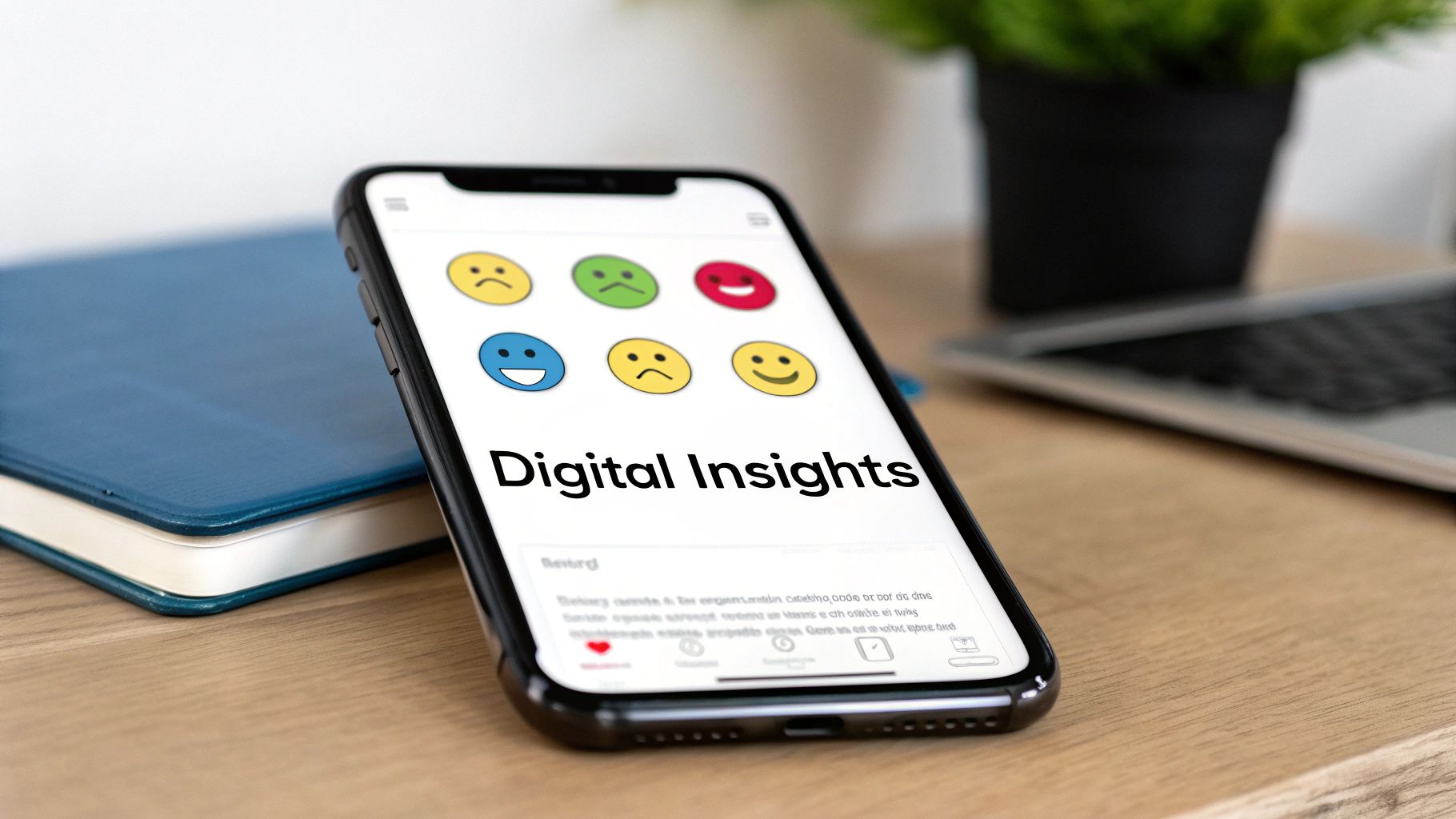 Smartphone screen displaying "Digital Insights" with various emotional emojis on a wooden desk with a notebook. Smartphone screen displaying "Digital Insights" with various emotional emojis on a wooden desk with a notebook.