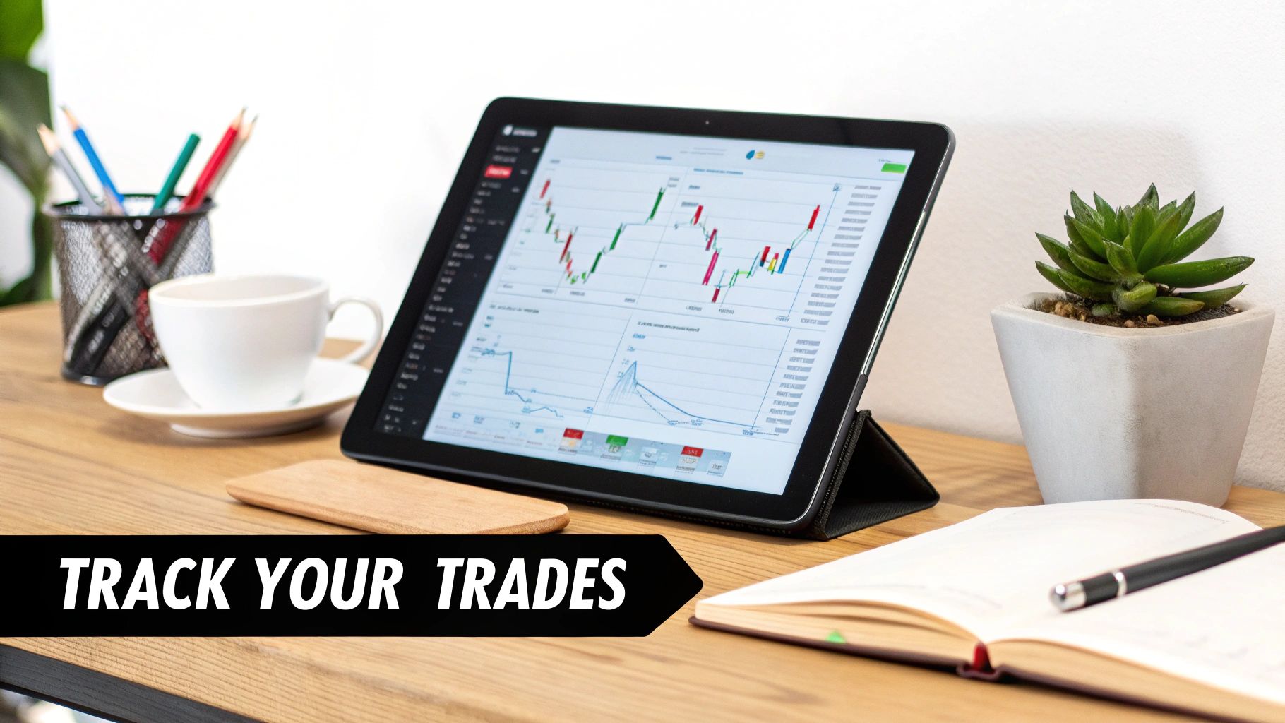 A tablet displaying stock trading charts on a wooden desk with a coffee cup, pens, and a notebook.