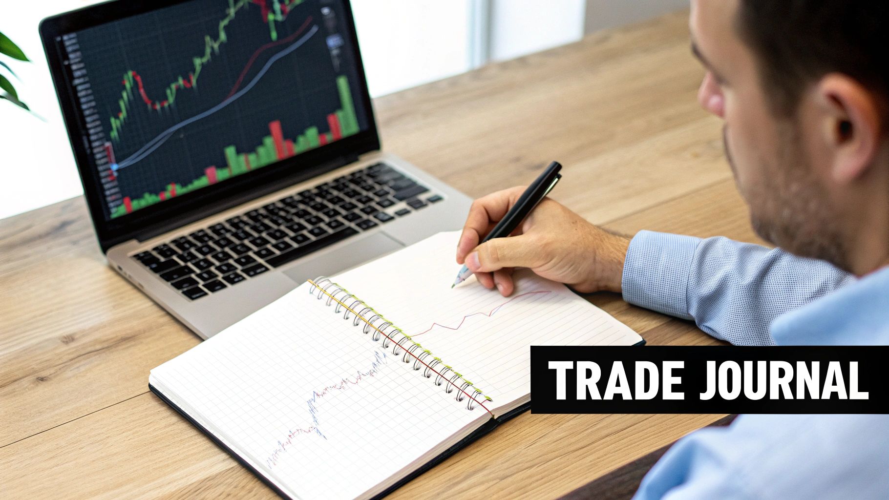 A person writing in a notebook next to a laptop displaying trading charts.