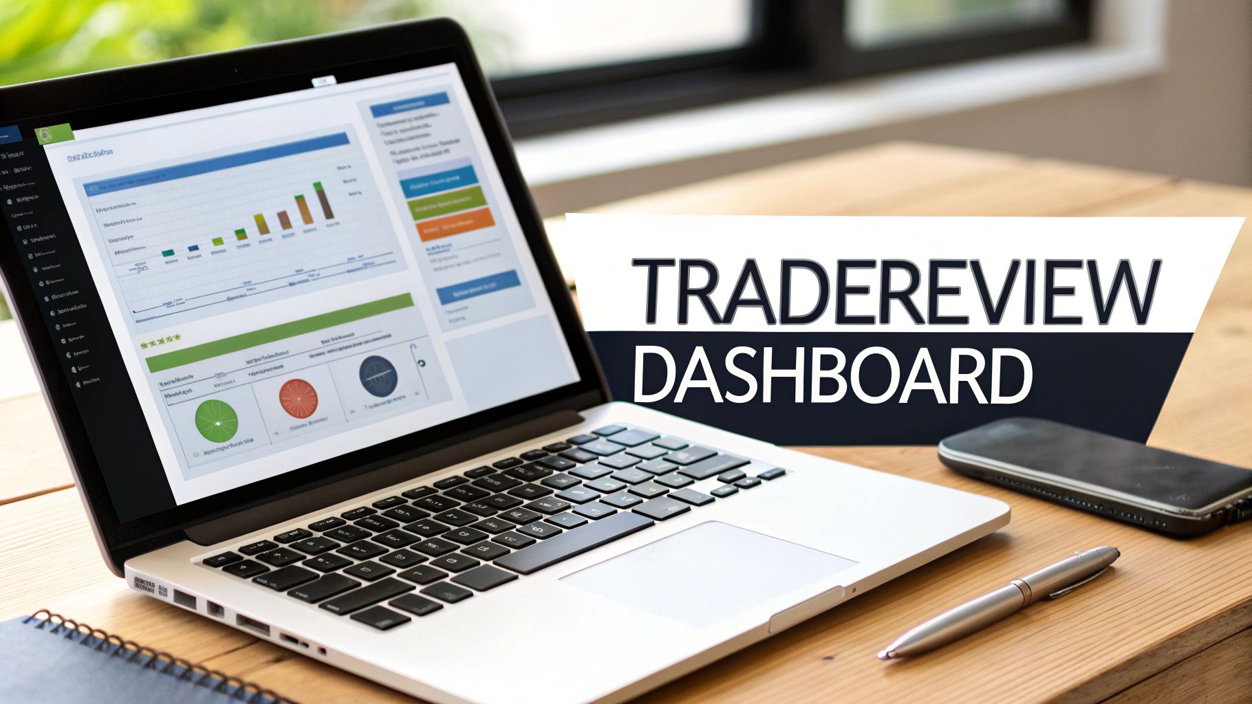 Laptop displaying colorful trading analytics dashboard with charts and graphs on wooden desk workspace