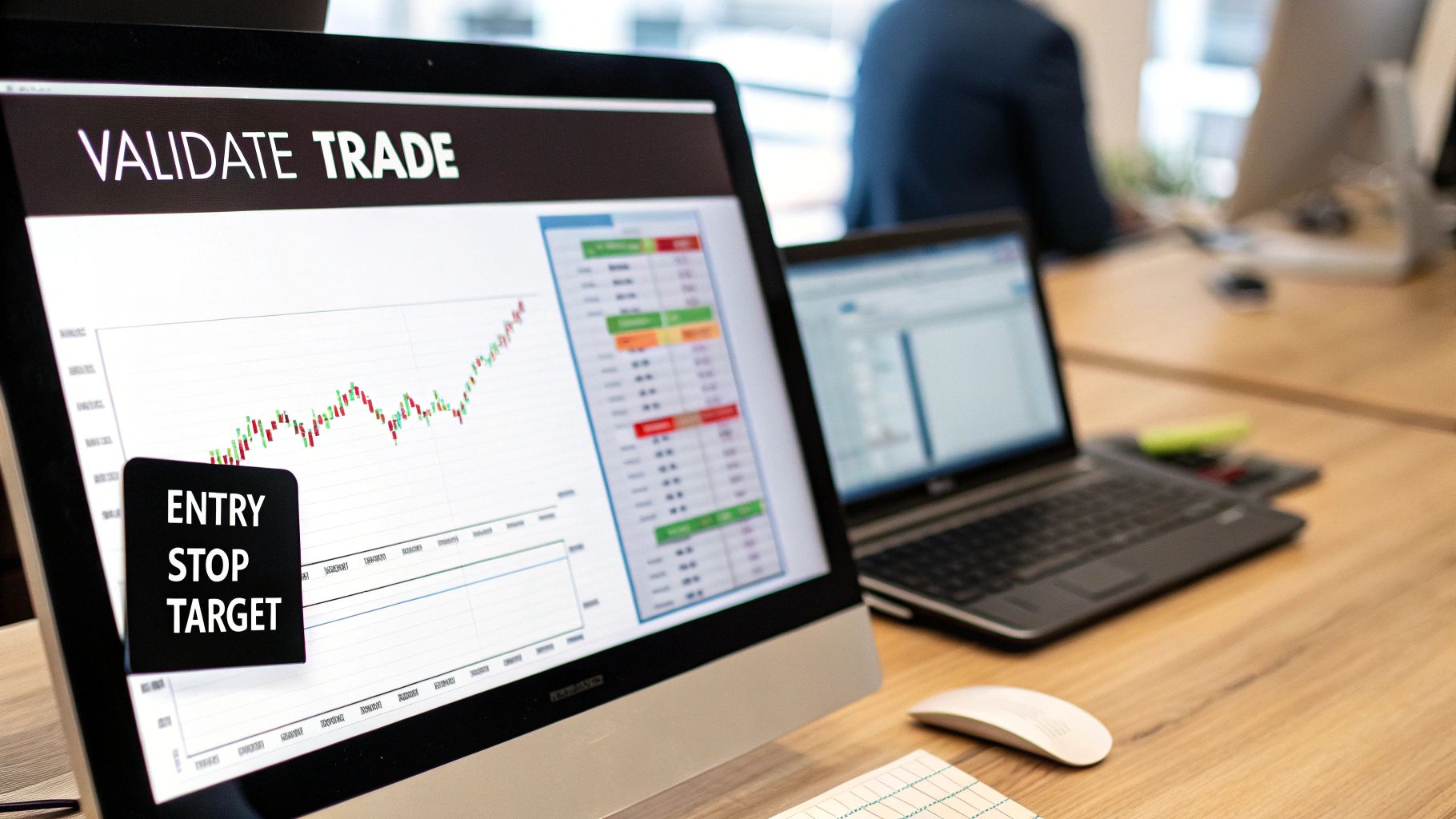 A computer monitor displays 'VALIDATE TRADE', financial charts, and 'ENTRY STOP TARGET' with a laptop.
