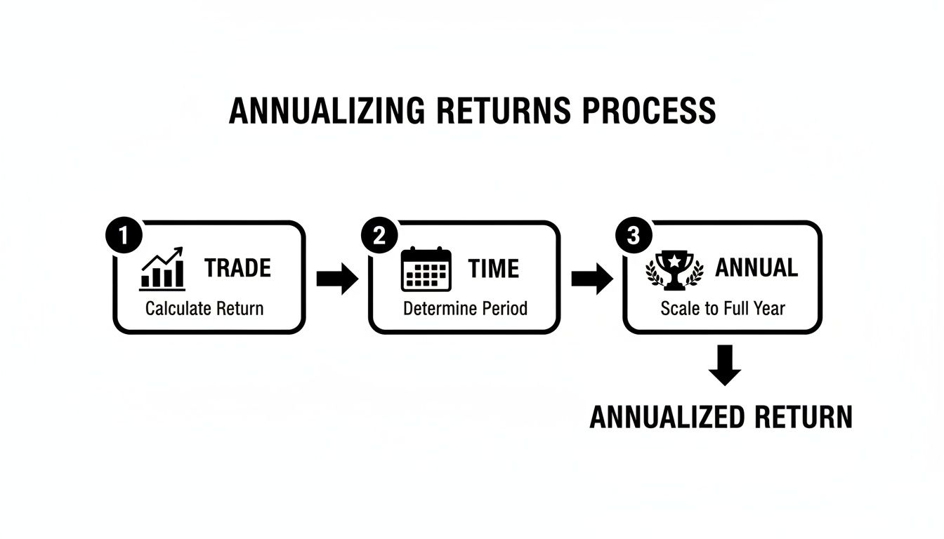 Flowchart explaining the annualizing returns process: calculate trade return, determine time period, and scale to full year.