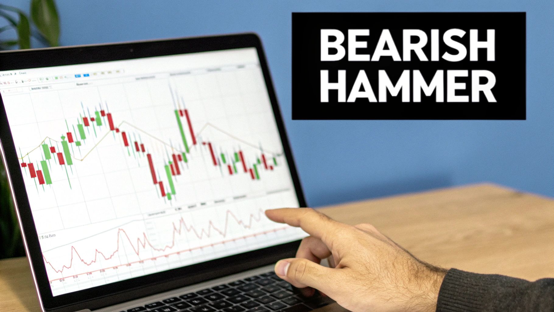 Person pointing at bearish hammer candlestick pattern on laptop trading chart with technical analysis indicators