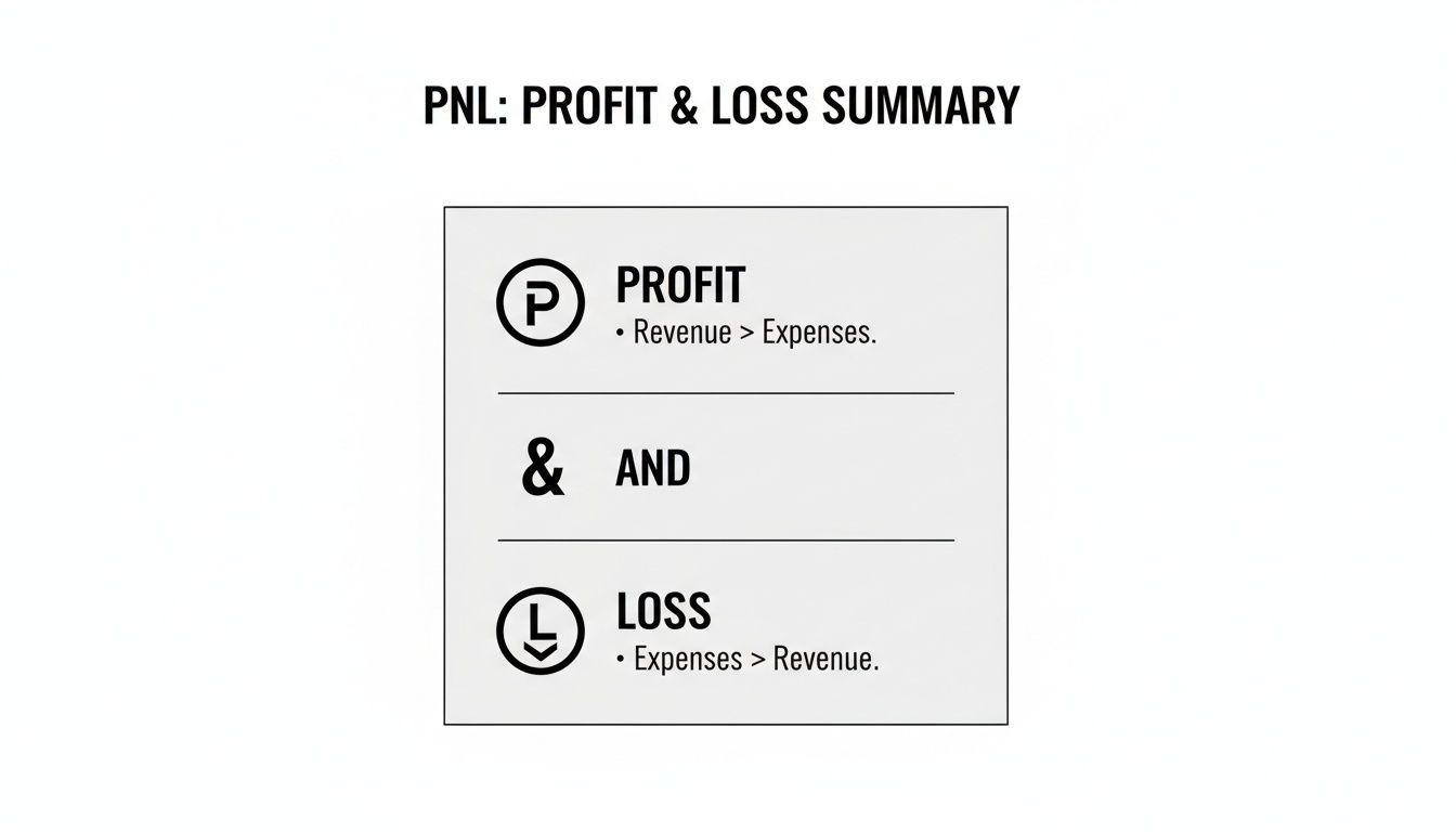 A PNL summary explaining profit as revenue greater than expenses, and loss as expenses greater than revenue.