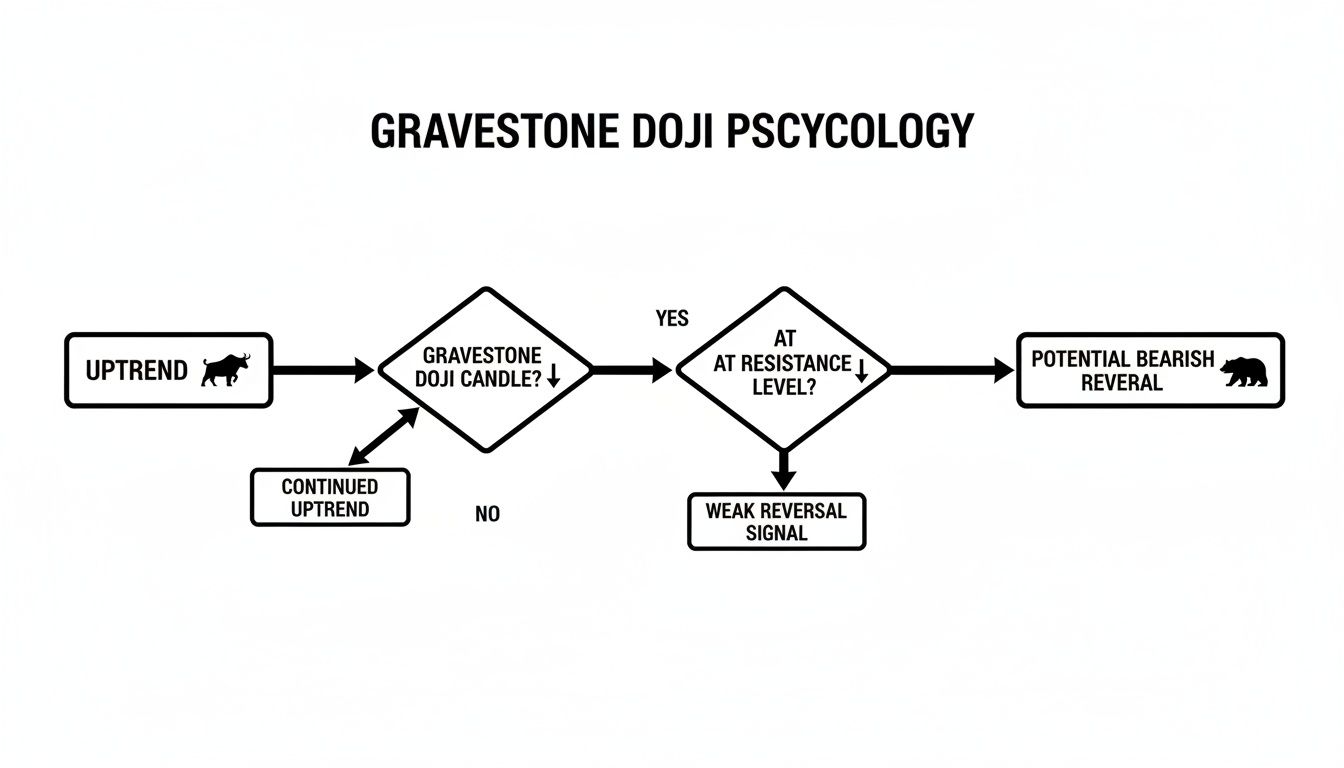 Flowchart illustrating Gravestone Doji psychology, showing uptrend to potential bearish reversal logic.
