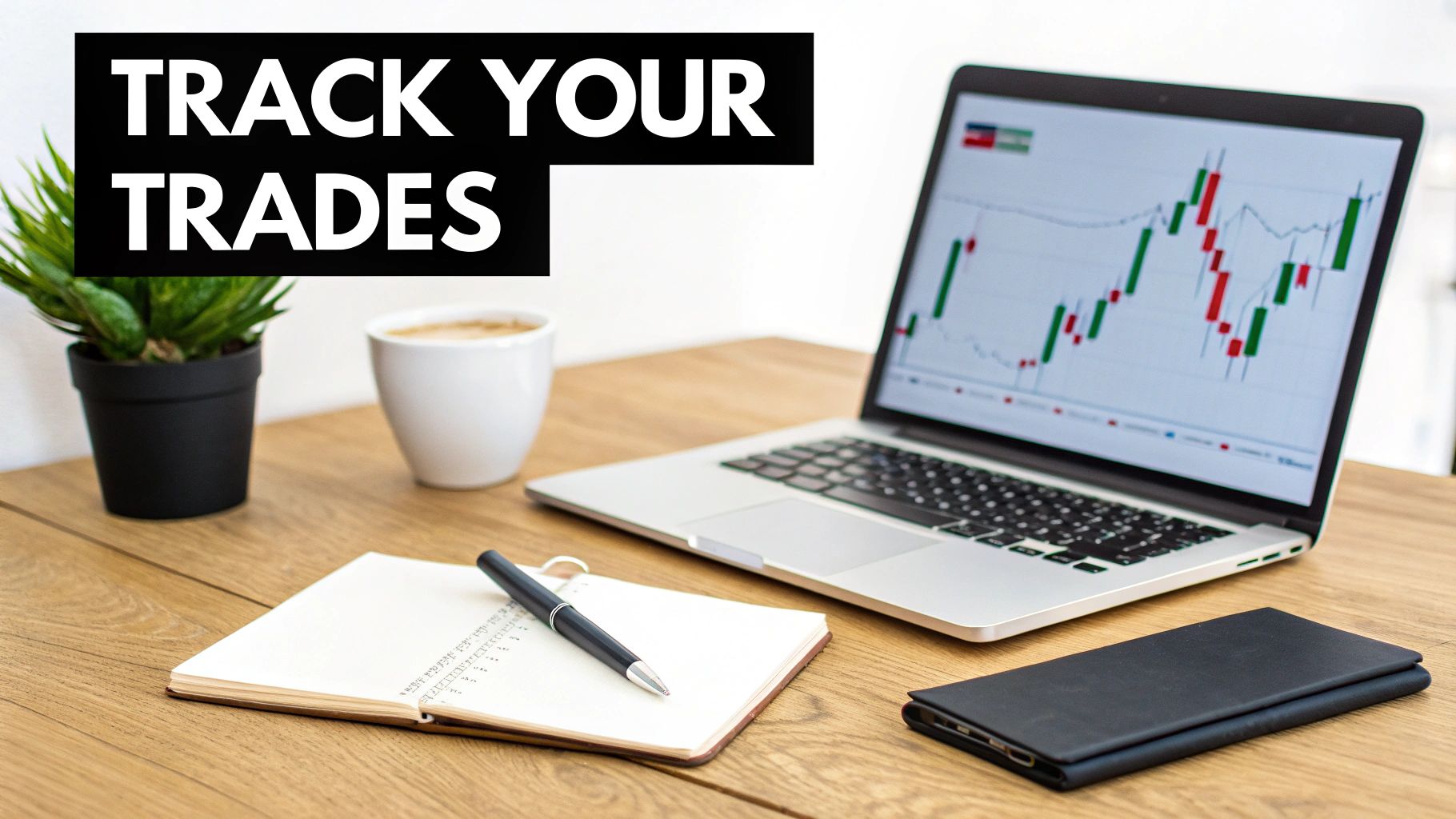 A desk setup with a laptop showing stock charts, a coffee cup, plant, notebook, and 'TRACK YOUR TRADES' text. A desk setup with a laptop showing stock charts, a coffee cup, plant, notebook, and 'TRACK YOUR TRADES' text.