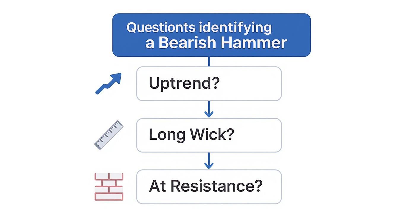 Flowchart showing three key questions to identify a bearish hammer candlestick pattern in trading