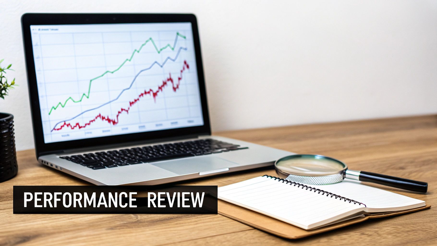 A laptop displaying stock market charts, a magnifying glass, and an open notebook on a wooden desk, with 'PERFORMANCE REVIEW' text overlay.