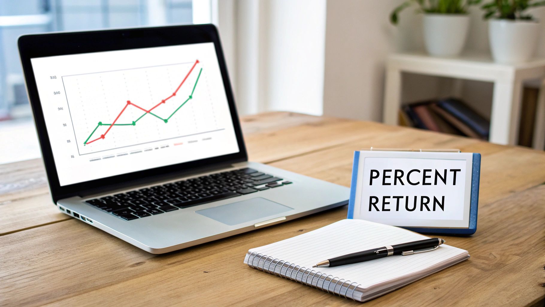 Laptop displaying a financial graph, a notepad, pen, and 'PERCENT RETURN' sign on a wooden desk.