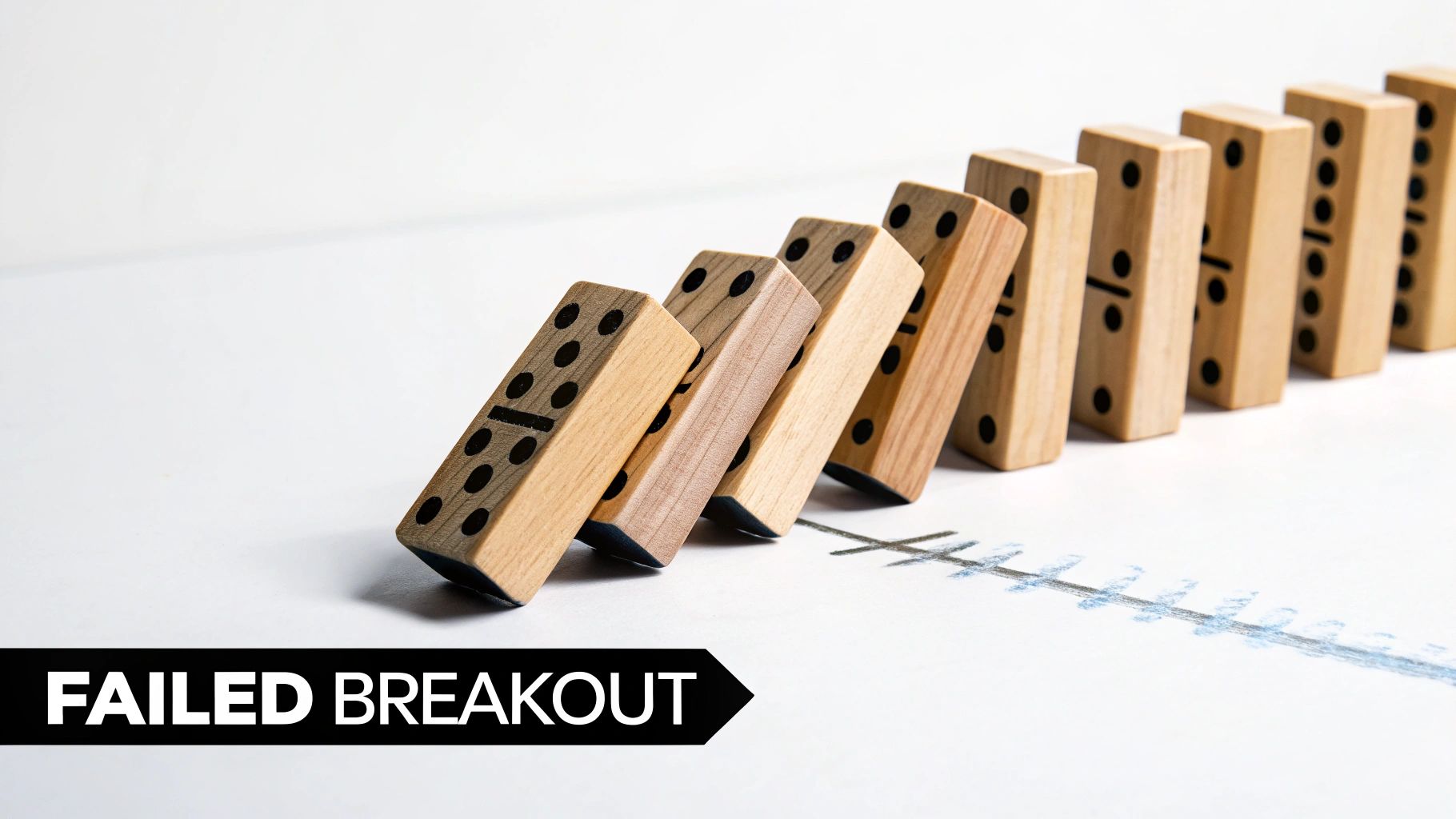 Wooden dominoes falling in a line with 'FAILED BREAKOUT' text, illustrating a stopped chain reaction.
