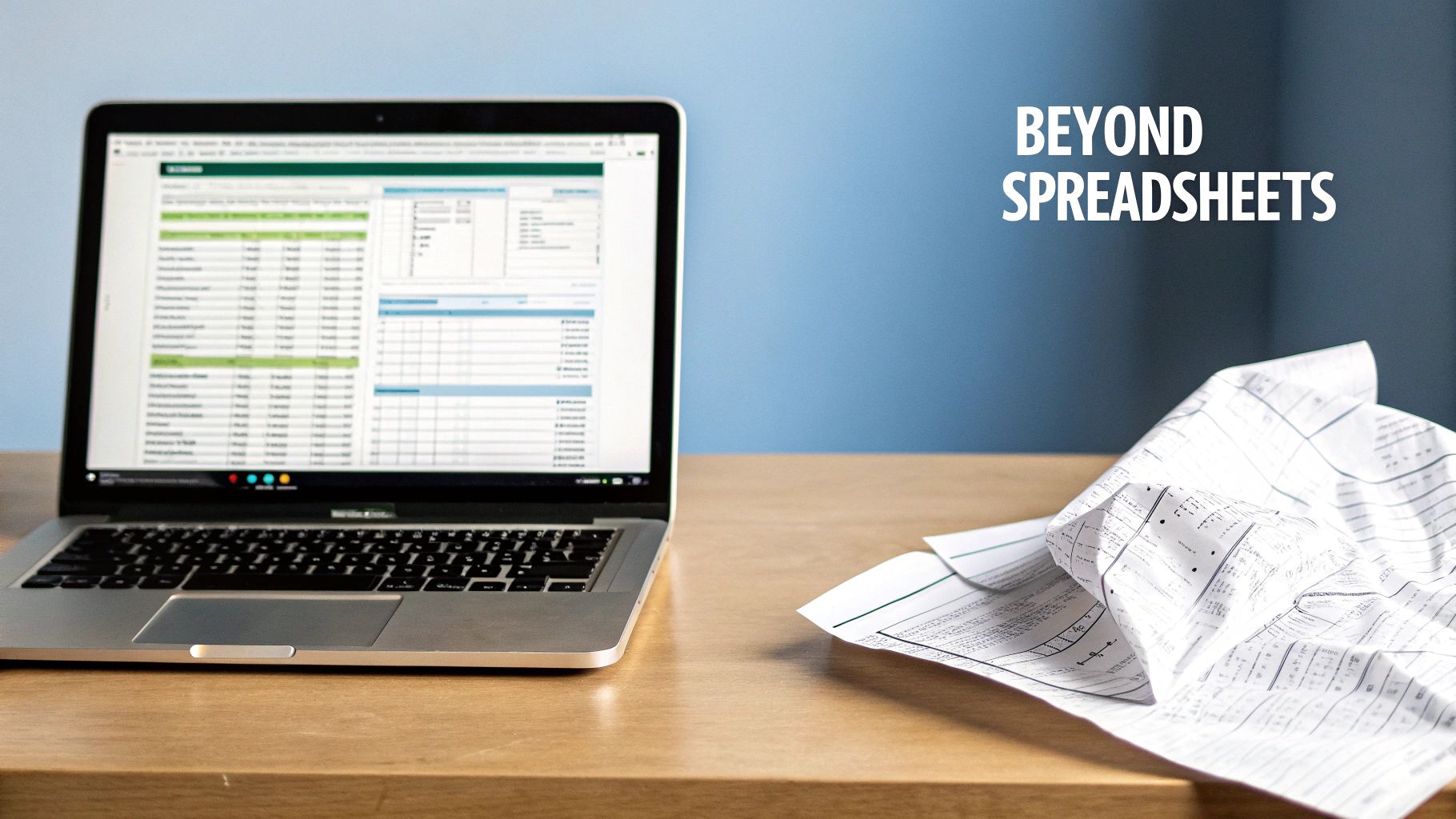 A laptop displaying a digital spreadsheet sits next to crumpled paper spreadsheets on a wooden desk.