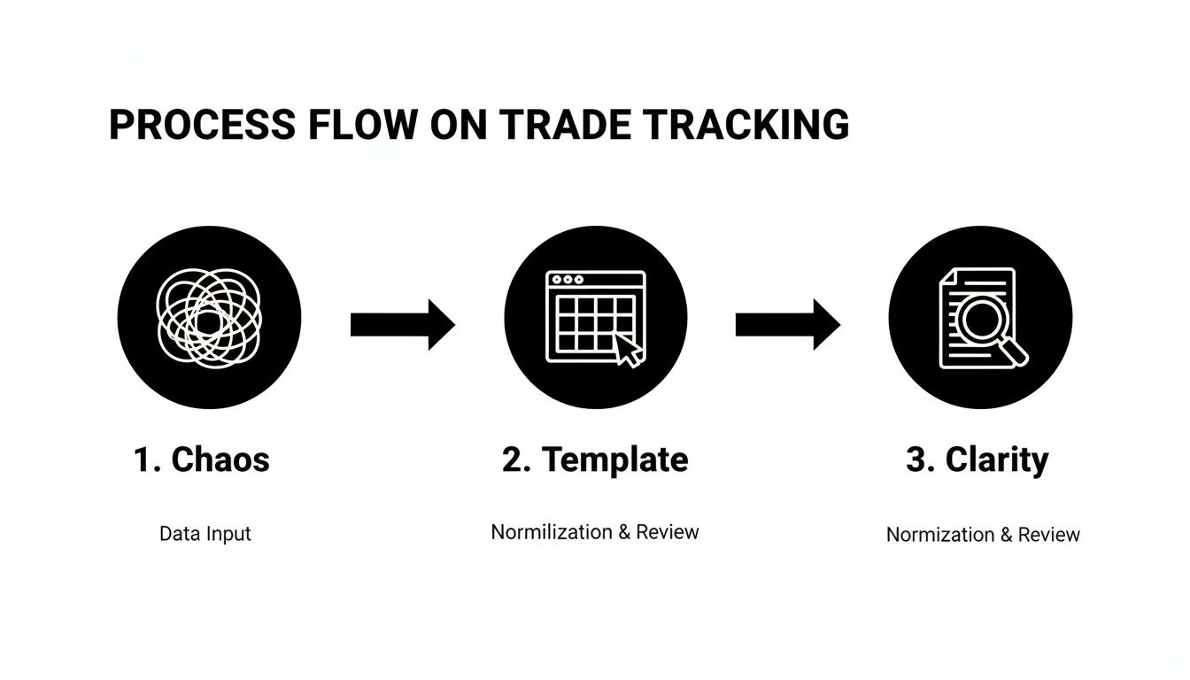 Process flow diagram illustrating trade tracking from data input chaos to template normalization and clarity. Process flow diagram illustrating trade tracking from data input chaos to template normalization and clarity.