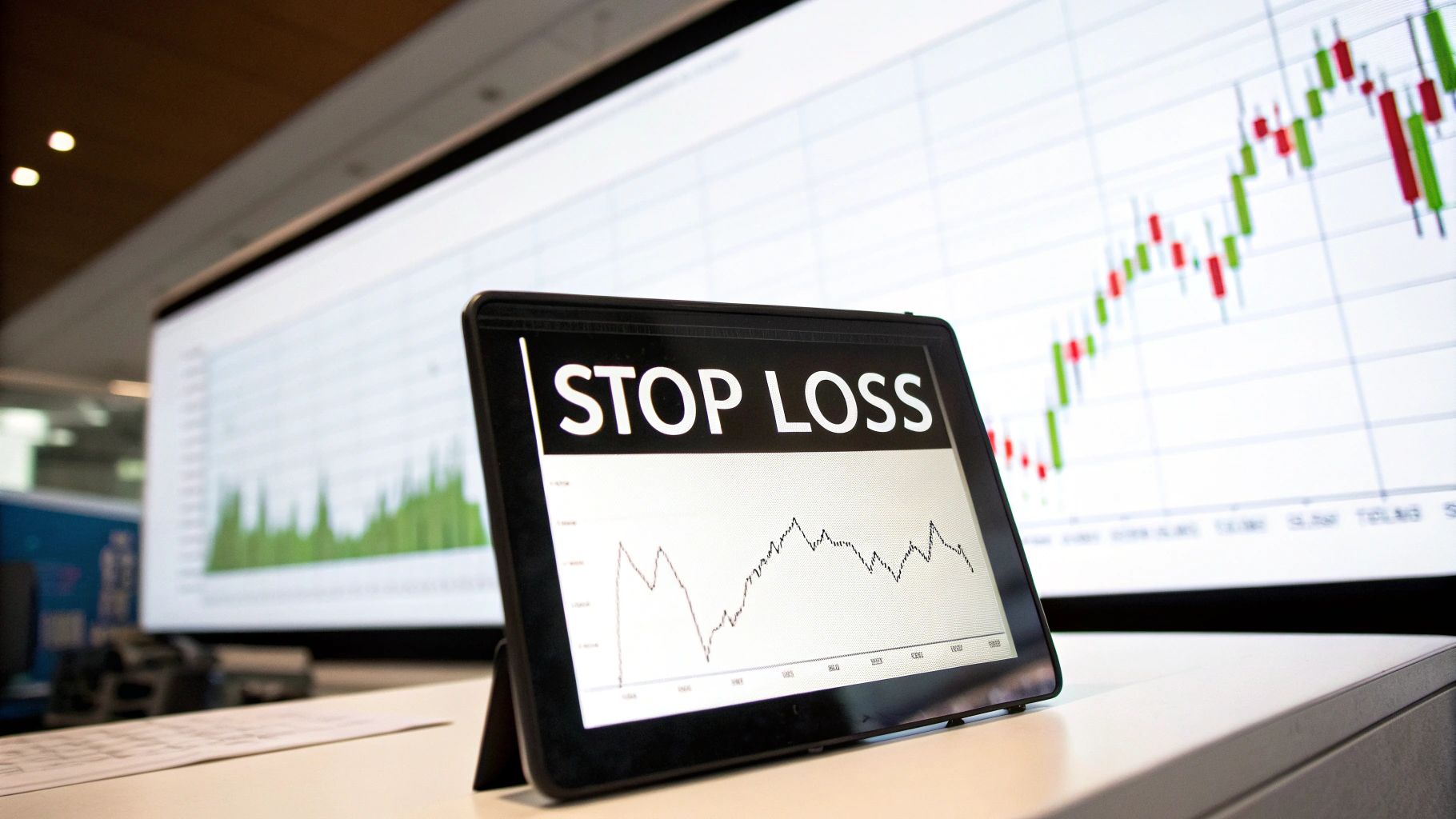 A close-up of a stock chart with a red horizontal line indicating a stop-loss level. A close-up of a stock chart with a red horizontal line indicating a stop-loss level.