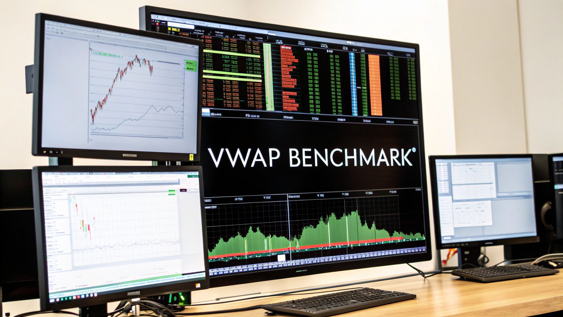 Multiple computer monitors displaying financial charts and real-time stock market data on a trading desk.