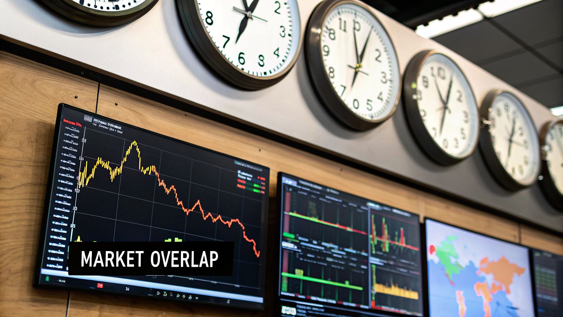 Infographic detailing the concept of trading during market overlaps, showing convergence of global sessions like London and New York.