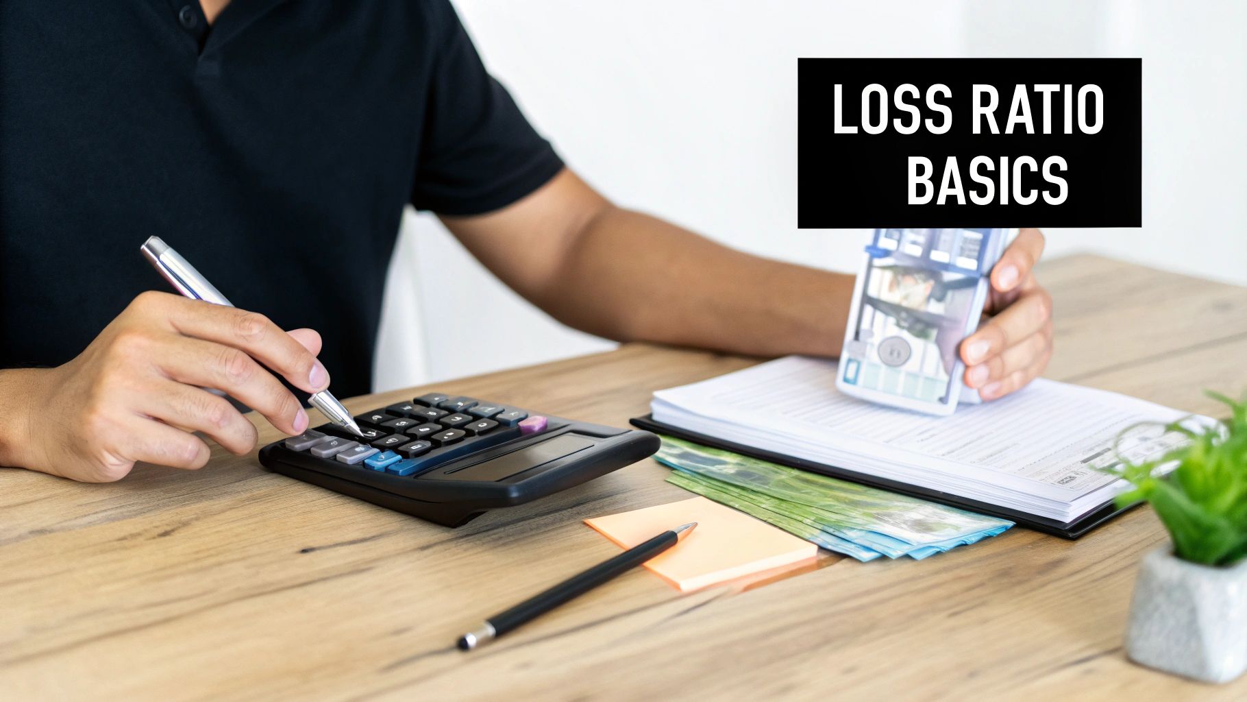 A person calculates figures on a desk with money, documents, and a text overlay 'LOSS RATIO BASICS'.