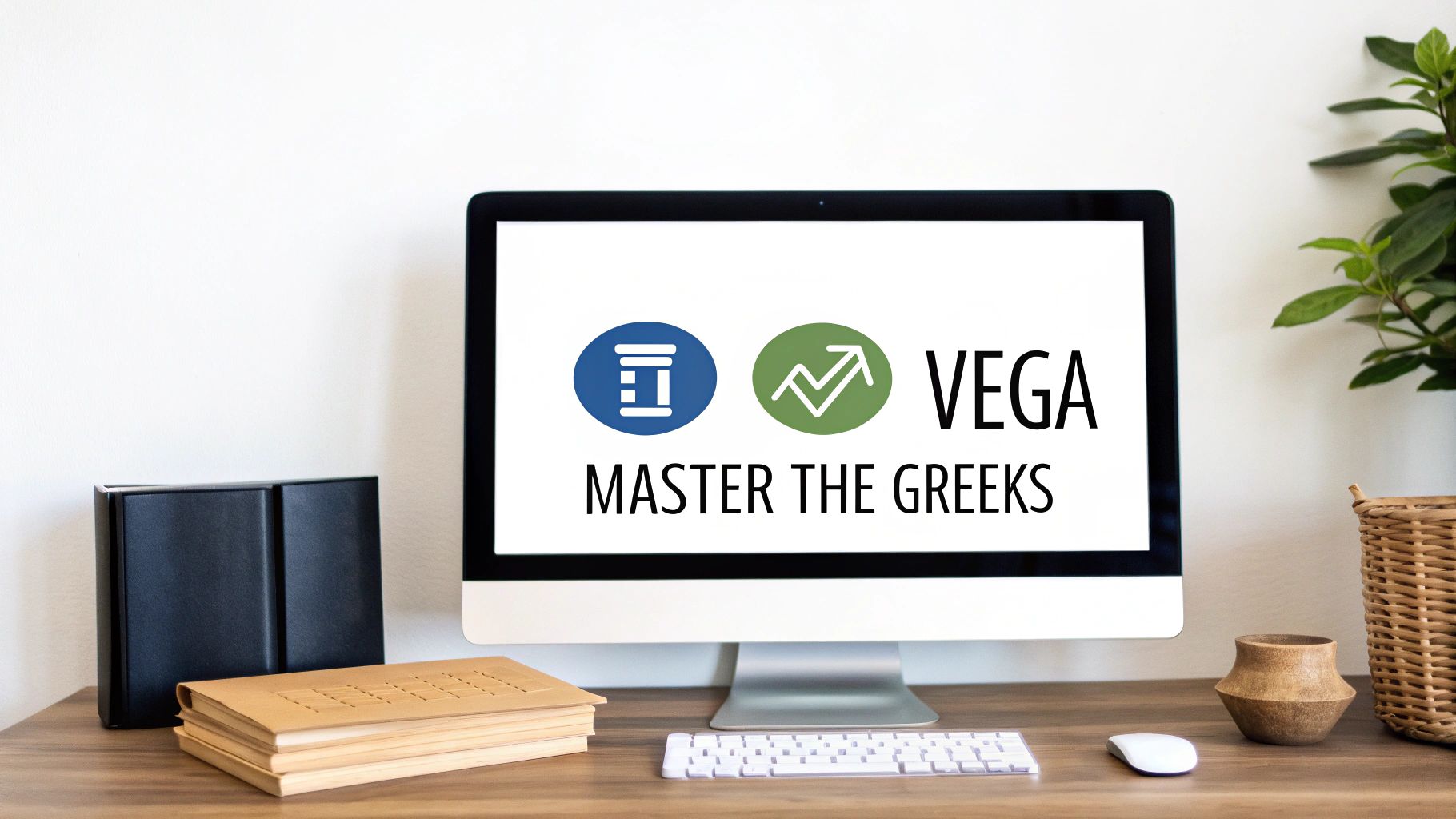 A desktop computer screen displays 'VEGA MASTER THE GREEKS' with financial symbols, surrounded by books and office items.