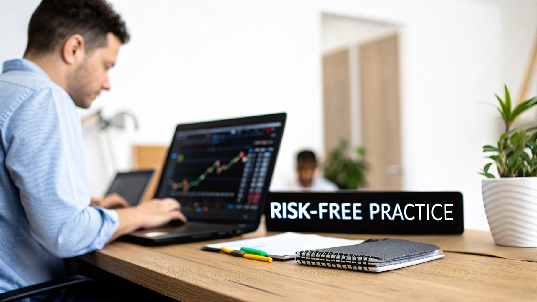 A man practices risk-free trading on a laptop with stock charts and a 'Risk-Free Practice' sign. A man practices risk-free trading on a laptop with stock charts and a 'Risk-Free Practice' sign.