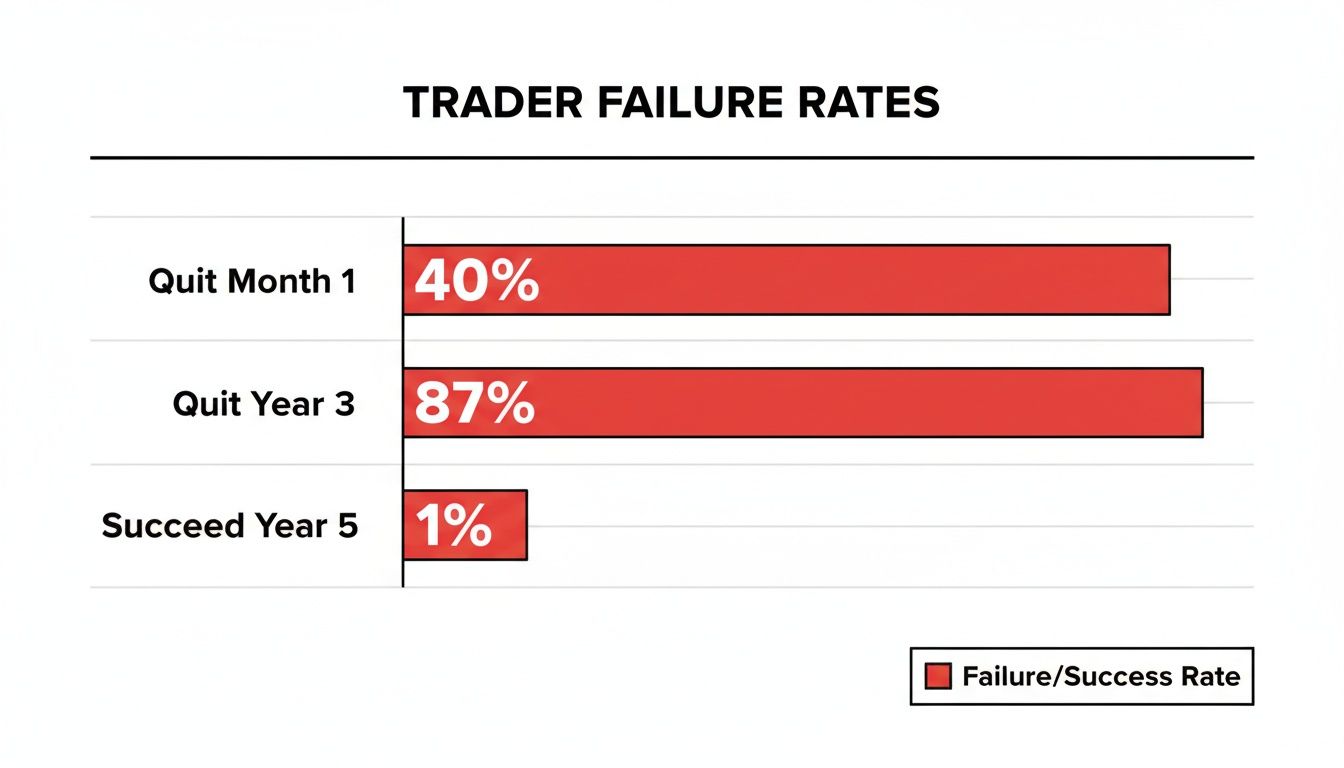 Bar chart showing trader failure rates: 40% quit month 1, 87% quit year 3, 1% succeed year 5.