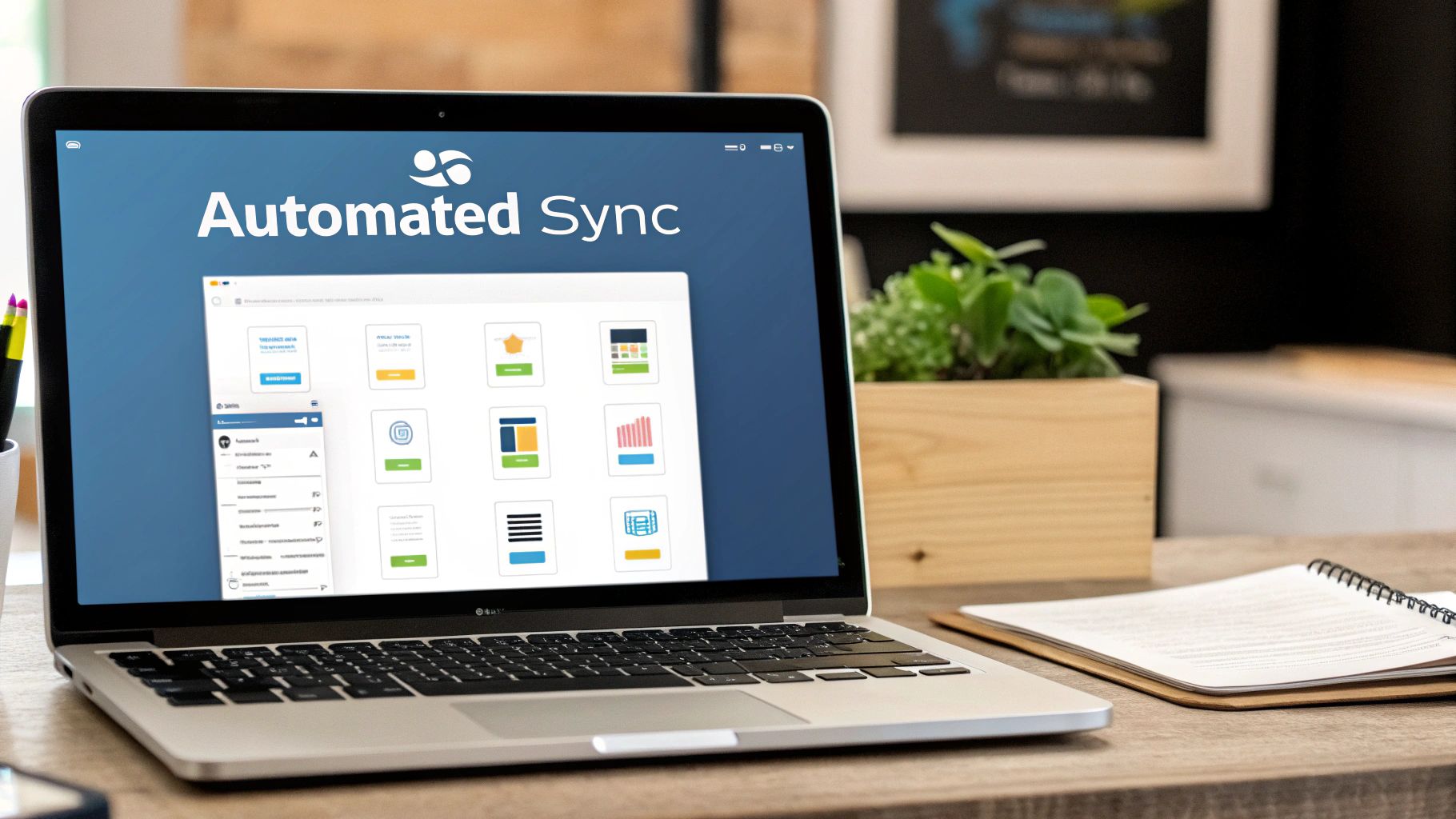 Modern laptop on a wooden desk displaying 'Automated Sync' software interface.