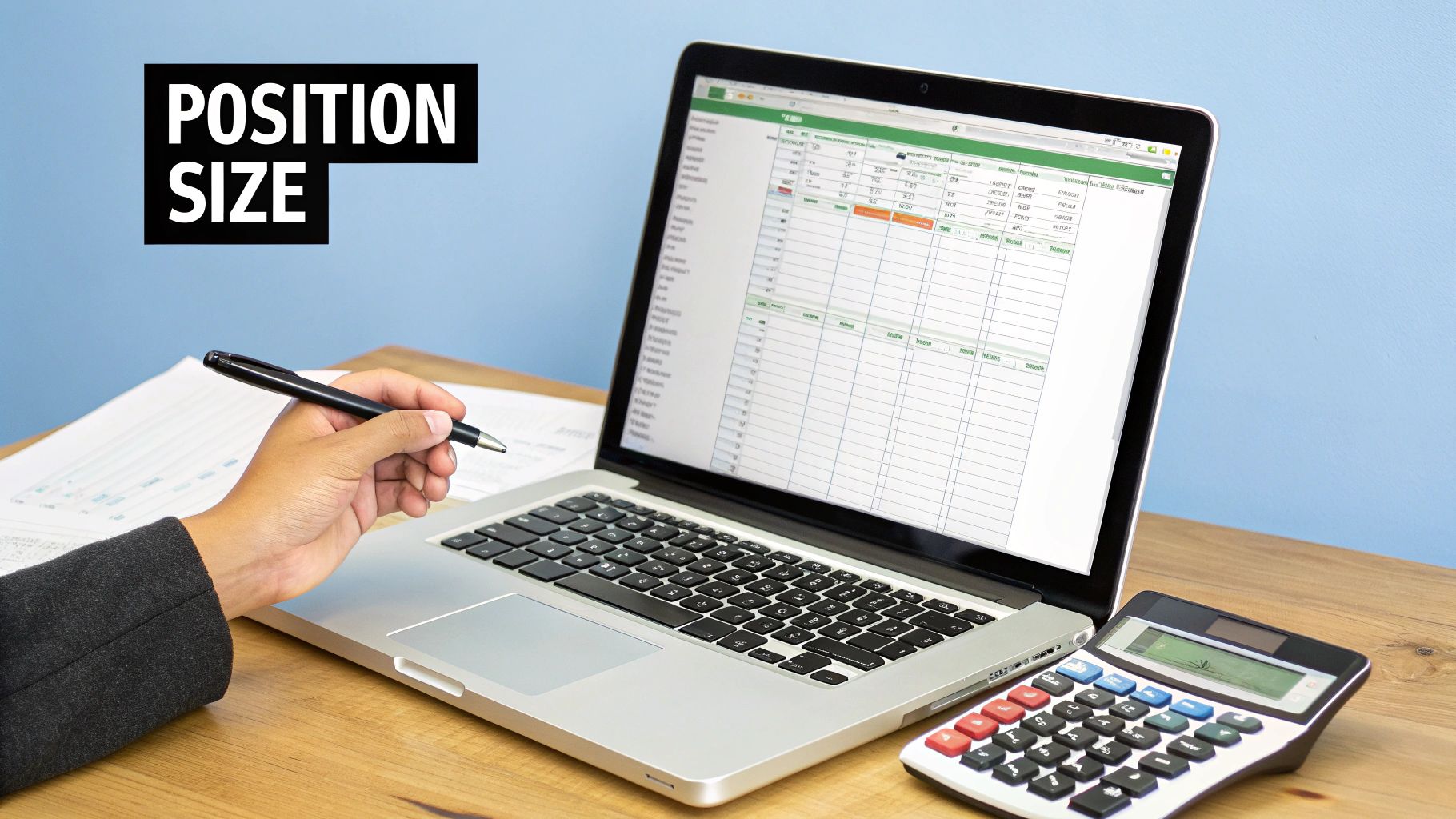 A trader at a desk with a calculator and charts, focused on position sizing. A trader at a desk with a calculator and charts, focused on position sizing.